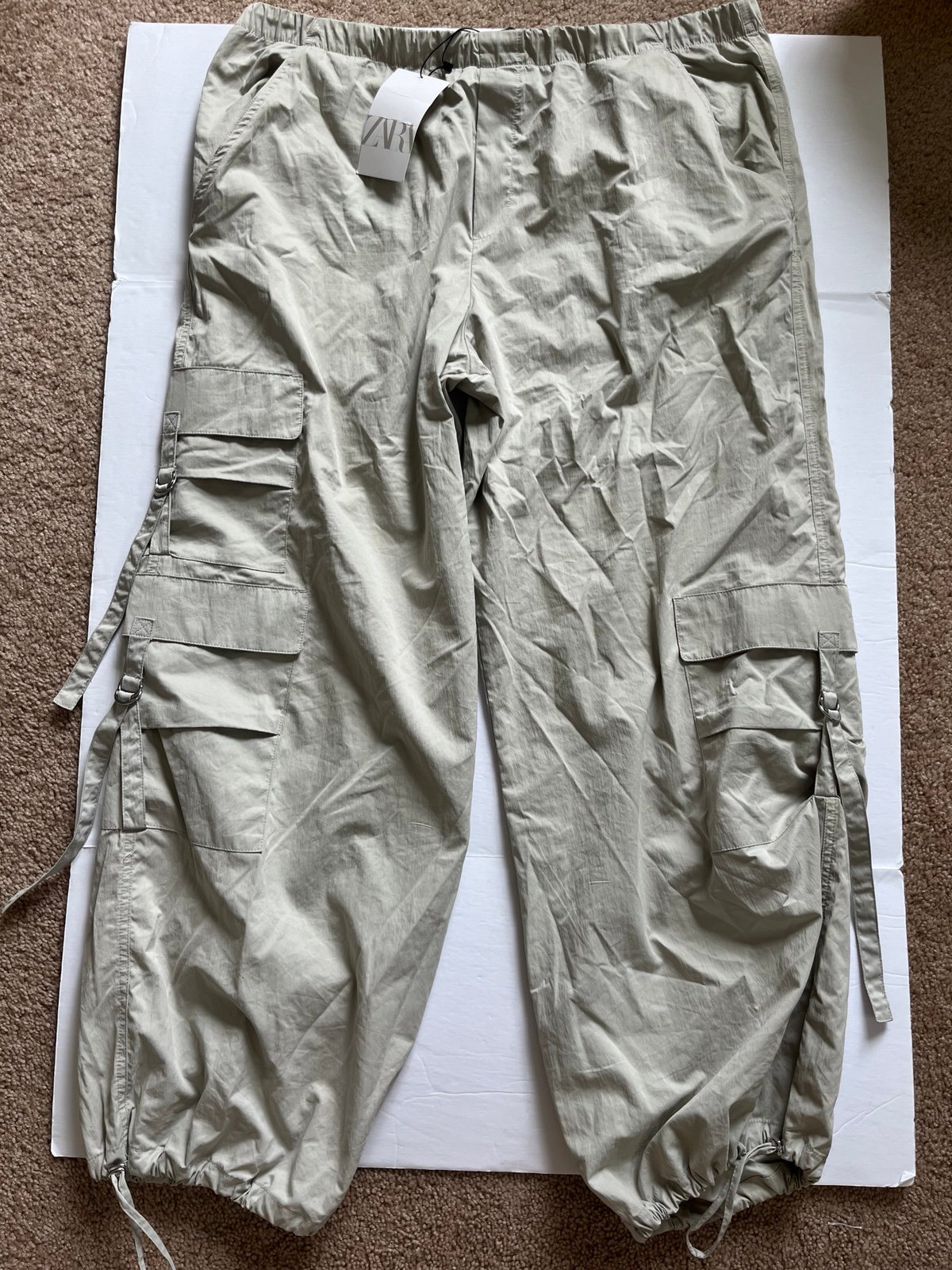 Zara Cargo Parachute Pants Khaki Beige Lightweight Size XXL with Tags