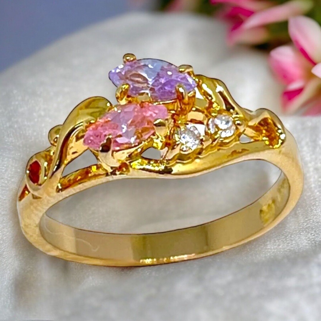 Vintage Ring Size 8 Pink Purple Clear Cubic Zirconia Gold Plate Mid-Century 14L