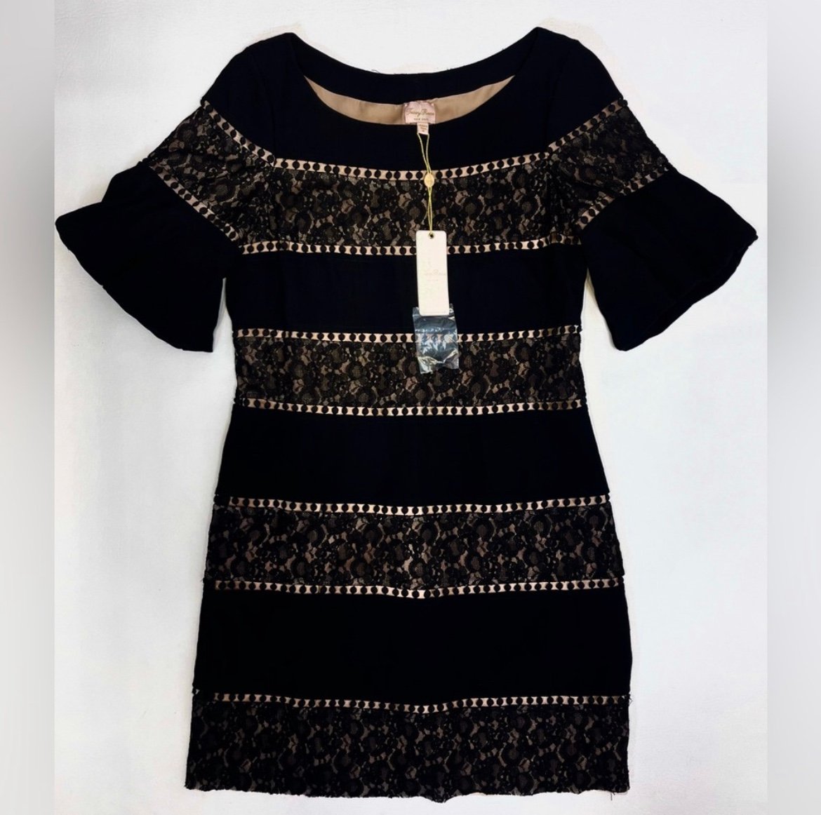 Tracy Reese Lace Inset Shift Dress Black Nude Tan Floral Evening Size 12