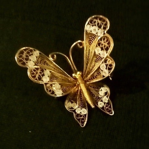 Delicate Vintage 800 Silver Filigree Butterfly Pin-Brooch with Gold Gilt Accent