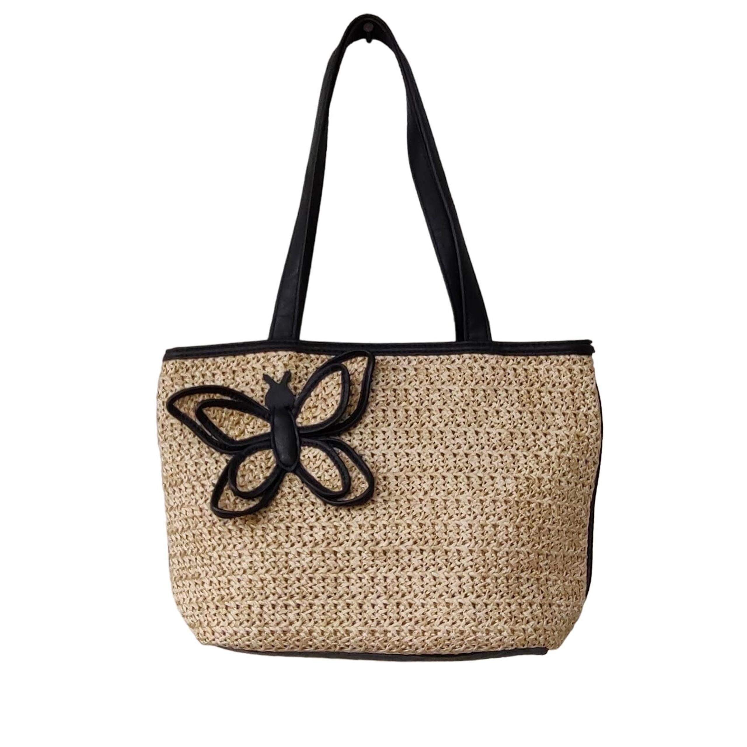 BUENO Woven Jute Tote Bag / Purse w/ Black Faux Leather Trim & 3D Butterfly BOHO