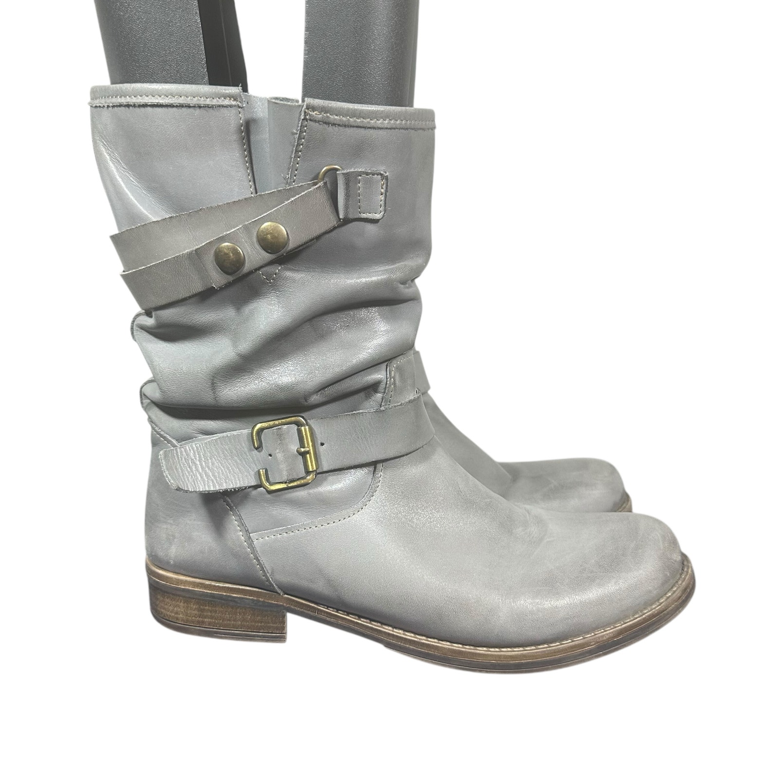 Eric Michael Women's Slouchy Leather Mid-Calf Boots Gray Buckle Strap Casual 10B
