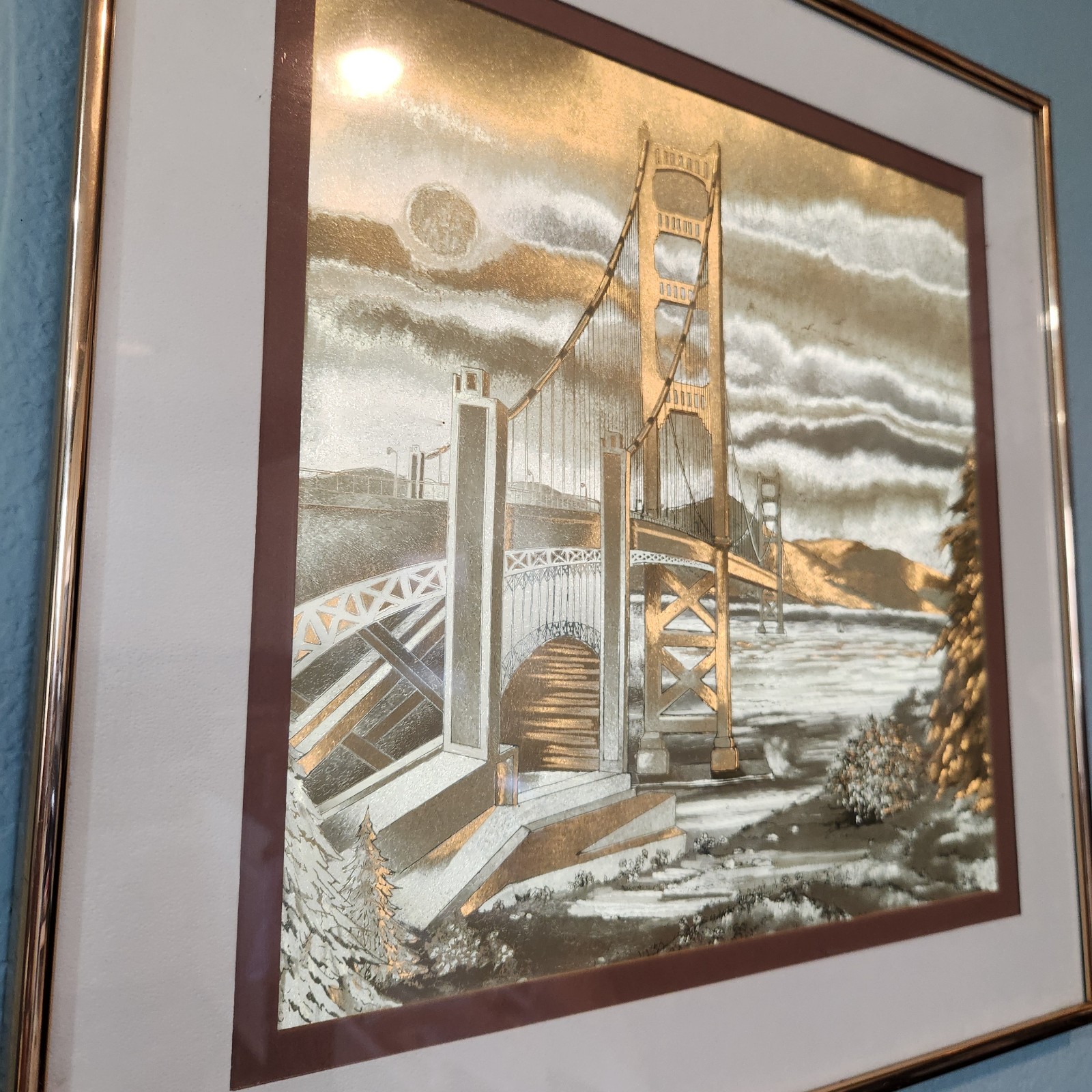 Vtg Framed Gold Metallic Foil Art 18 San Francisco Golden Gate Bridge Landscape
