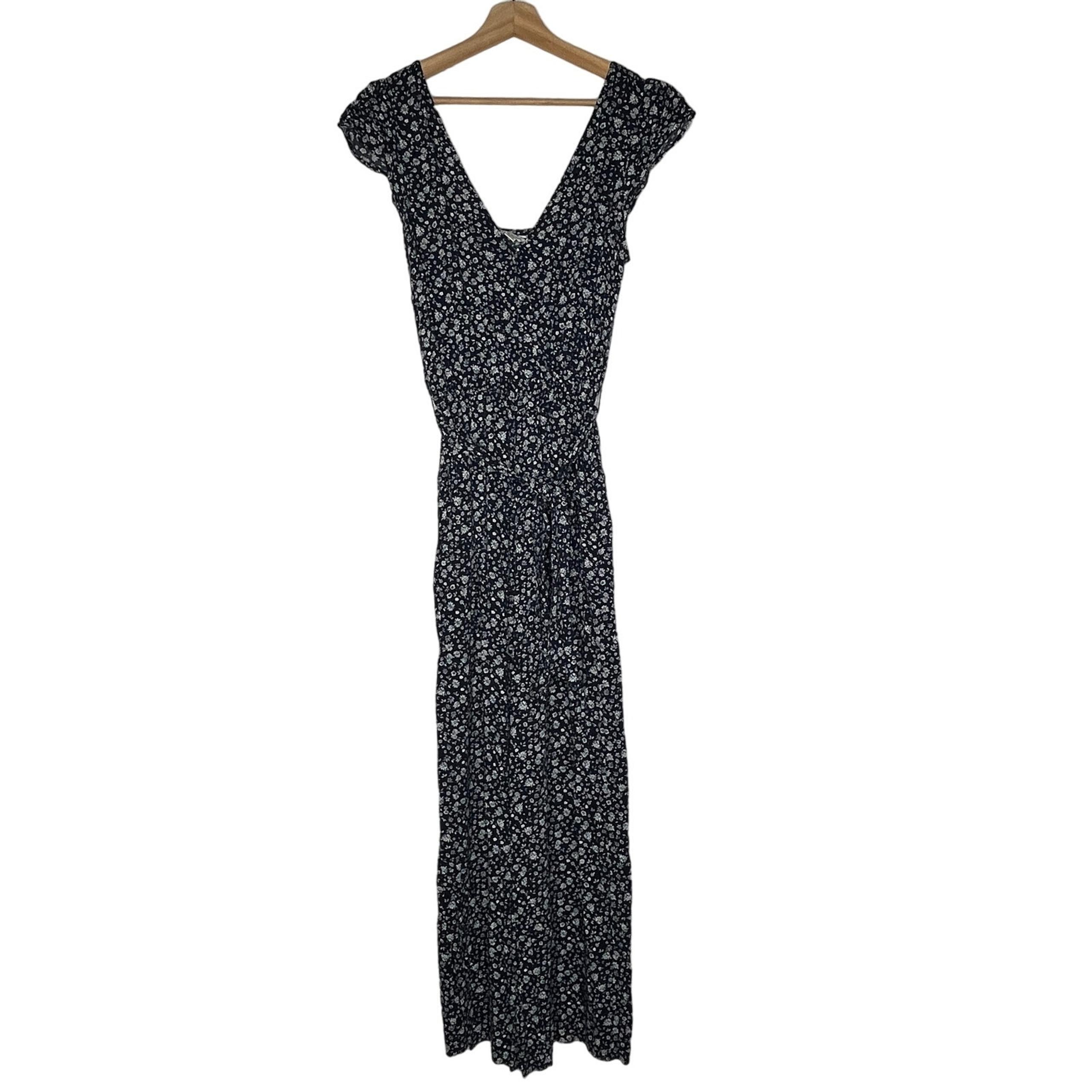 American Eagle Women's Blue White Ditzy Print Cap Sleeve V-Neck Jumpsuit Small