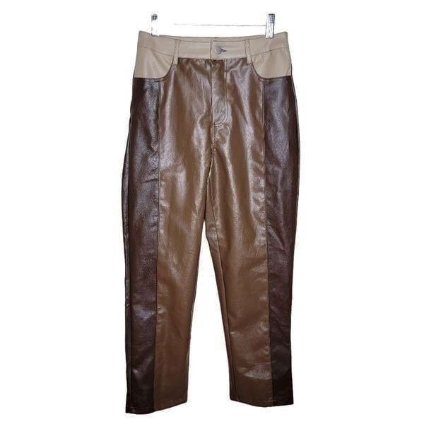 Le Lis Brown Faux Leather Color Block Straight Leg Crop High Rise Pants Size Sma