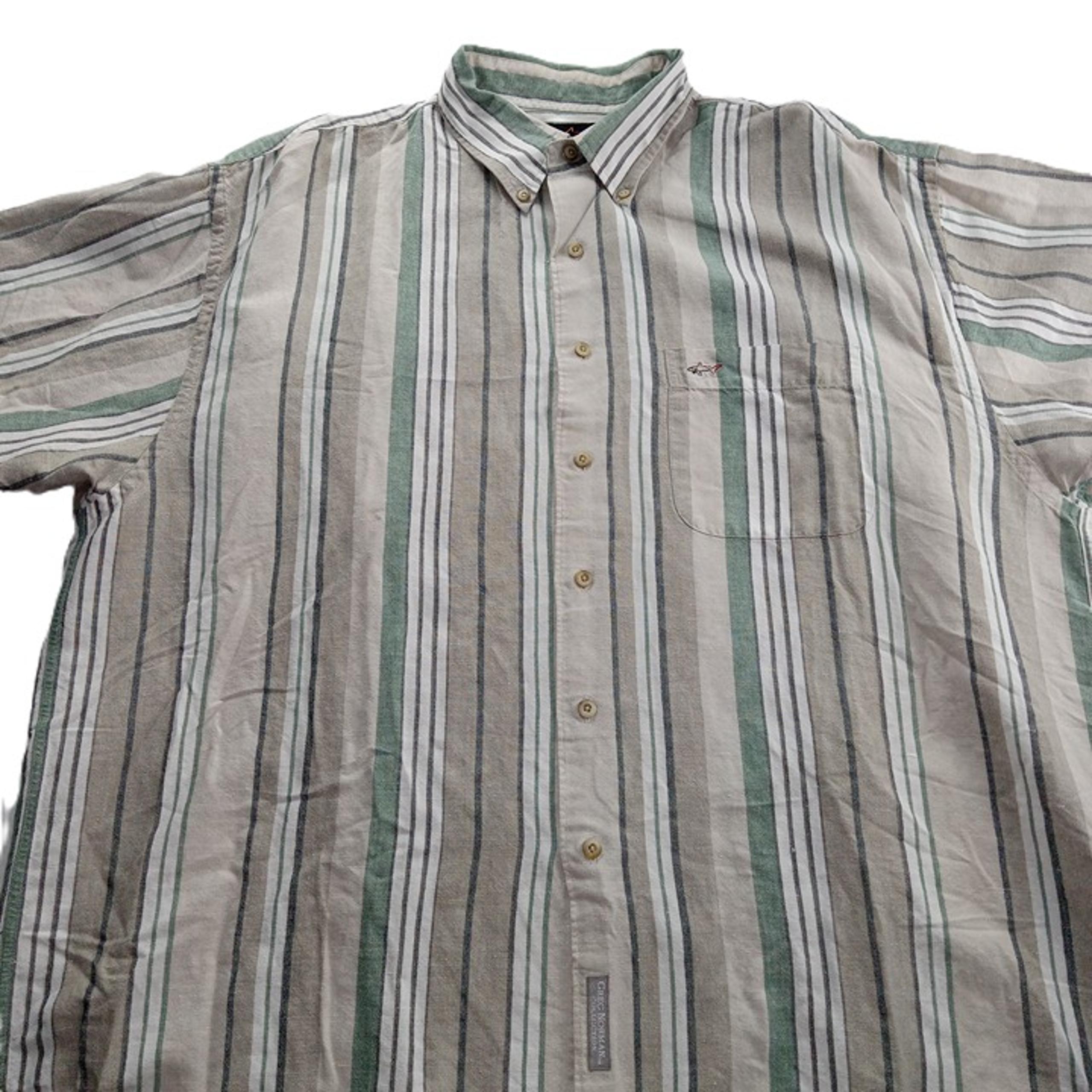 Greg Norman Men's Short Sleeve Button Down Shirt Size XL Tan Striped Linen Blend