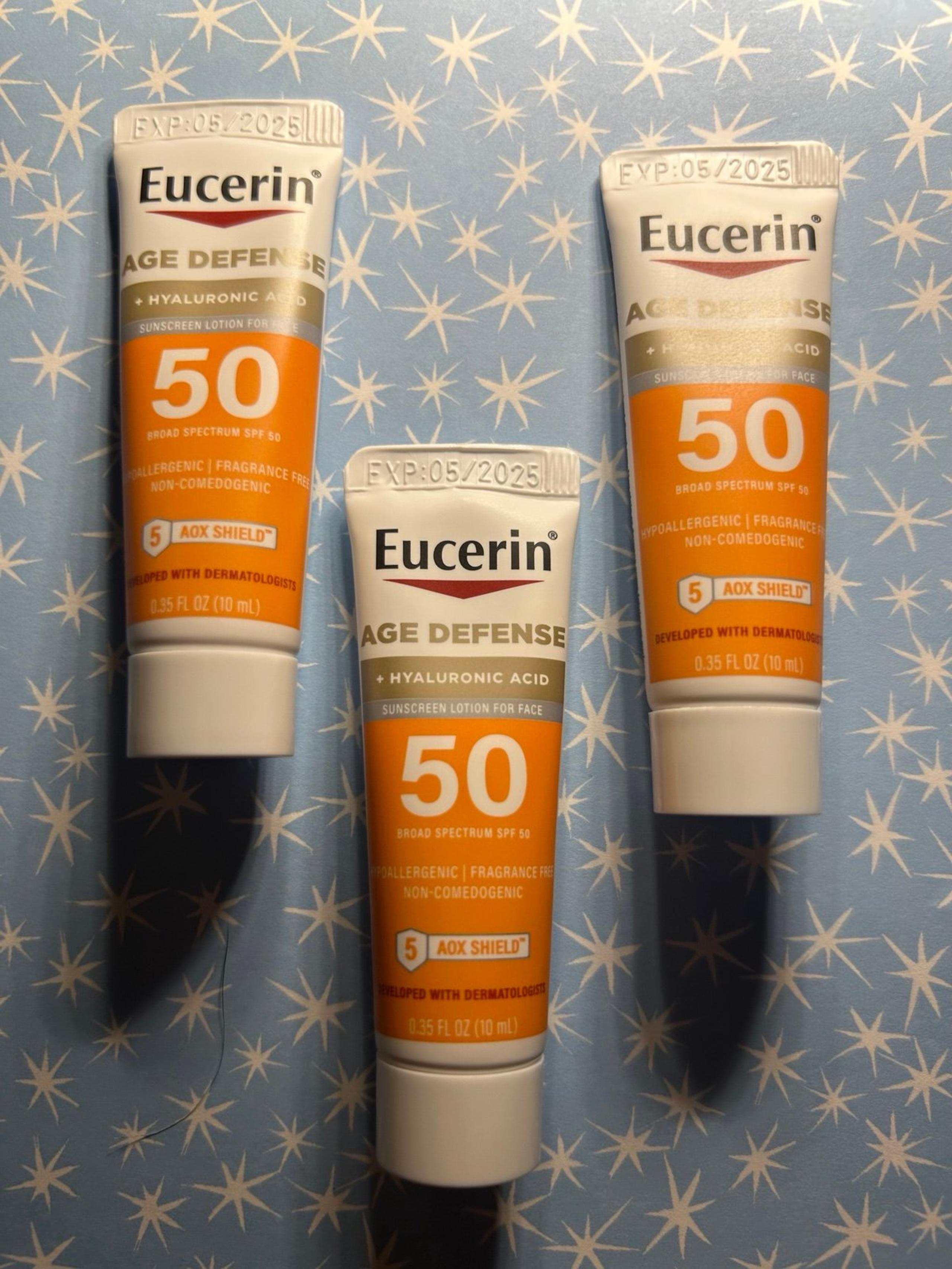 3 NWT 0.35oz Eucerin Age Defence Sunscreen SPF 50 with Hyaluronic Acid