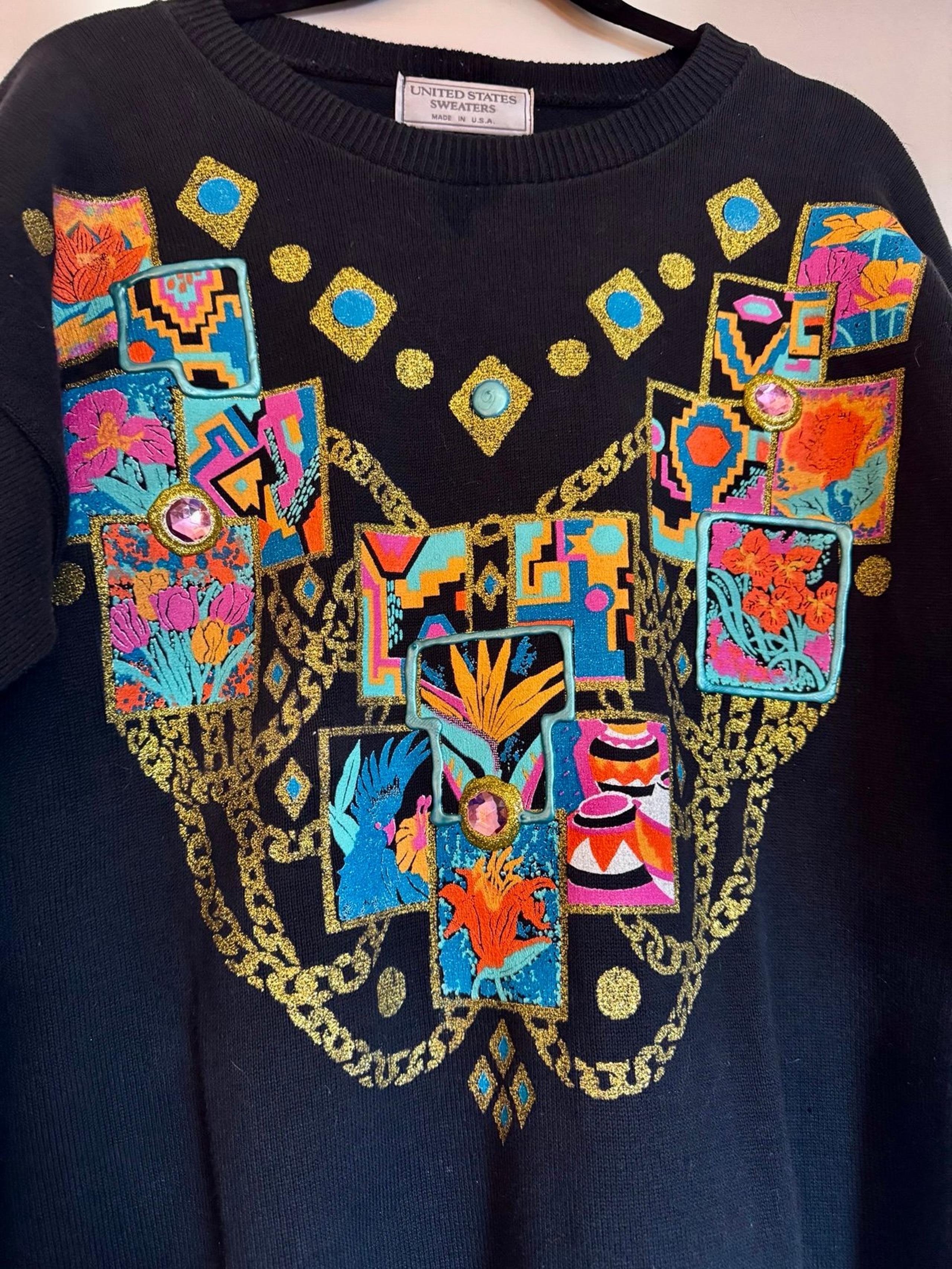 Vintage 80s Sweater Large Graphic Black Women Retro Southwest Boho Bejeweled Fun