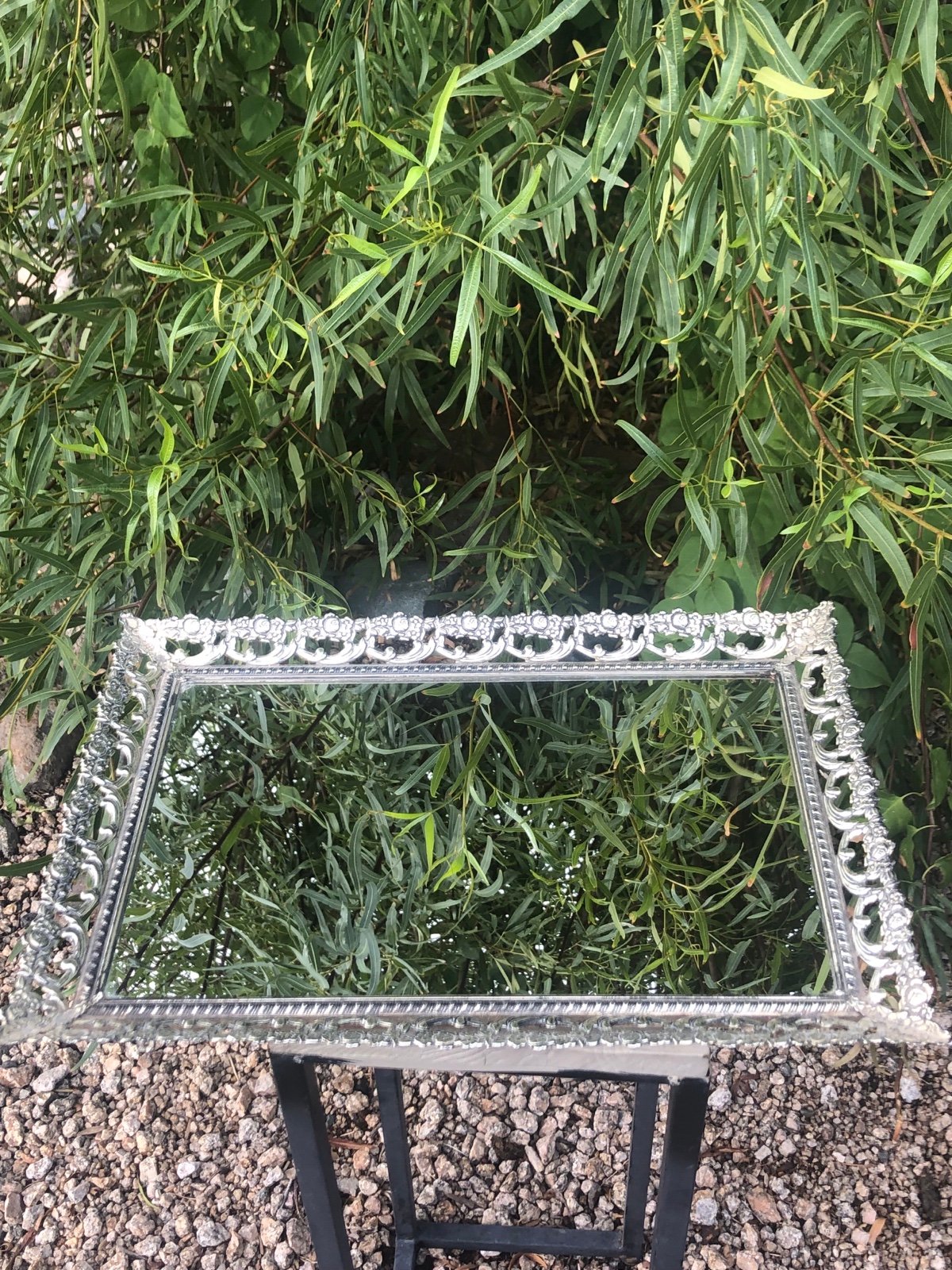 Vintage Filigree Silver tone Frame Easel Back Vanity Tray or Wall Mirror 16x11