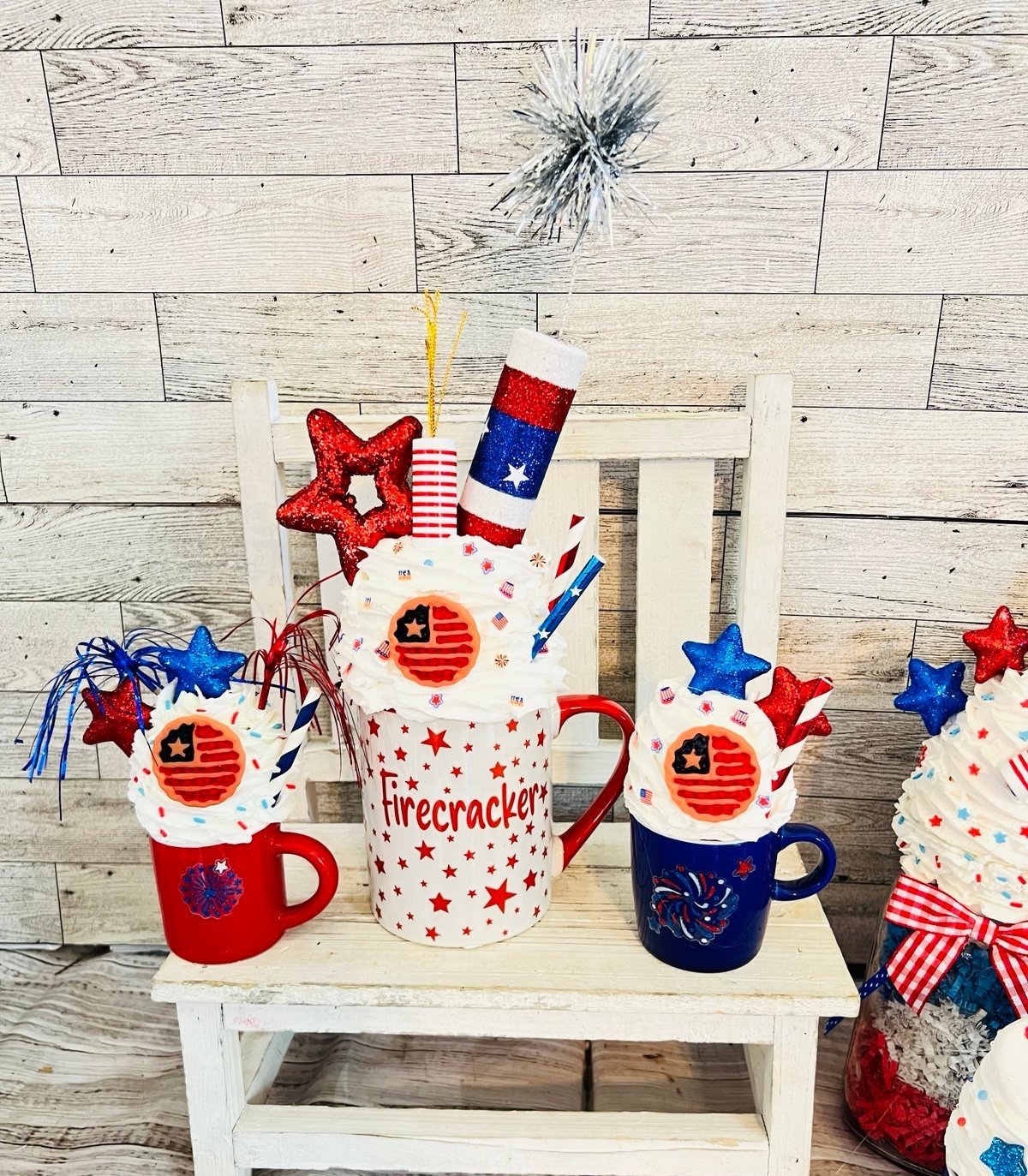 3 super cute July 4th Cherry Pies and Fireworks Faux whip Decor mugs 15” and 6”