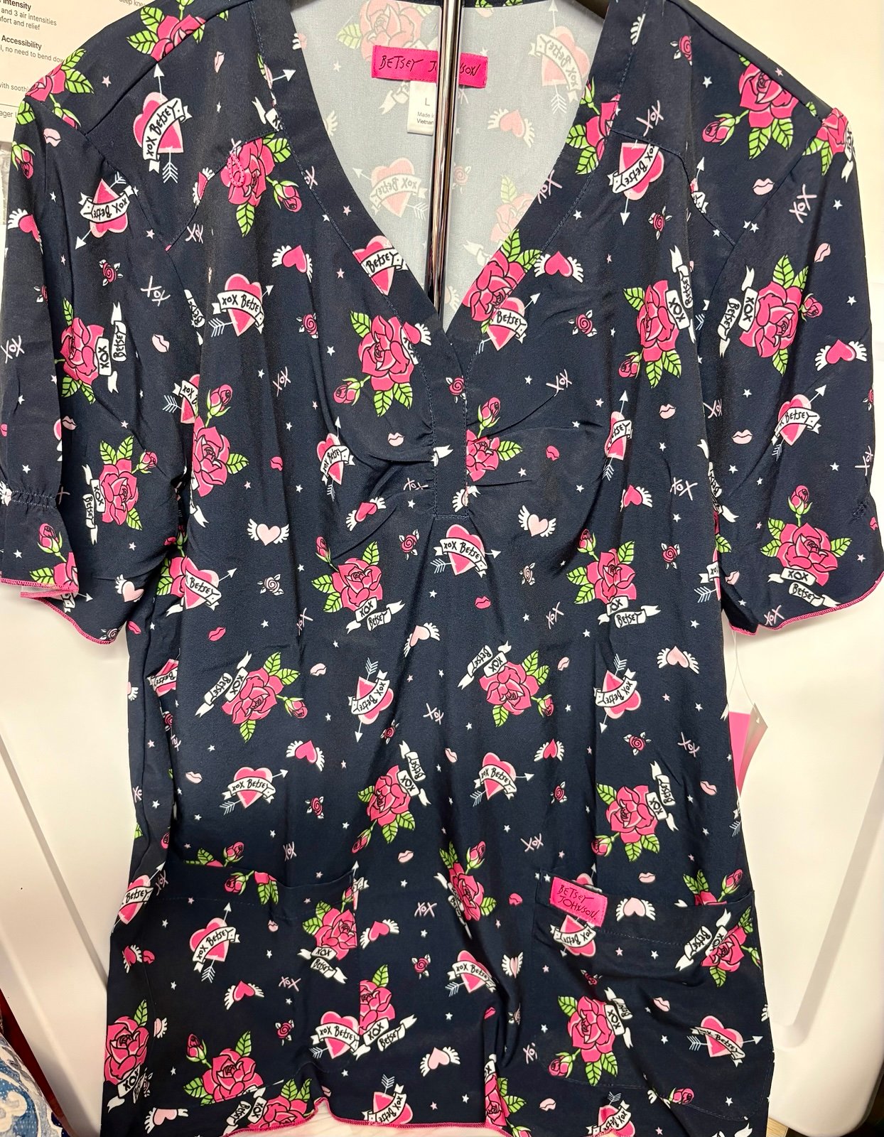 Betsy Johnson Spring Pink Floral Decorative Nurse Scrub Top
