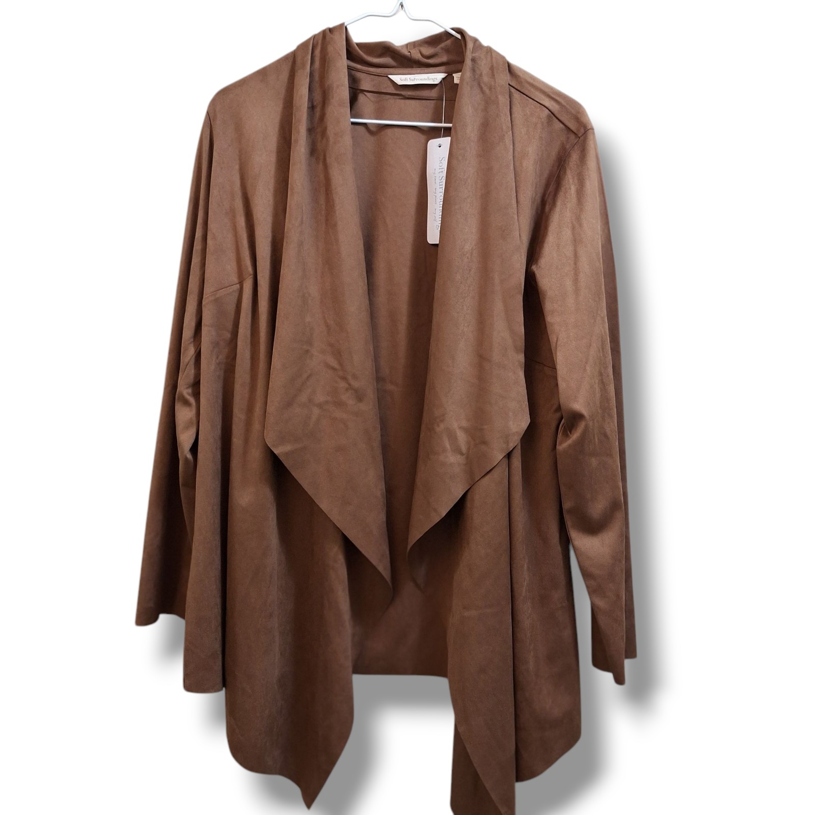 New Soft Surroundings Shape Jacket Womens Size L Drape Faux Suede Brown Saddle