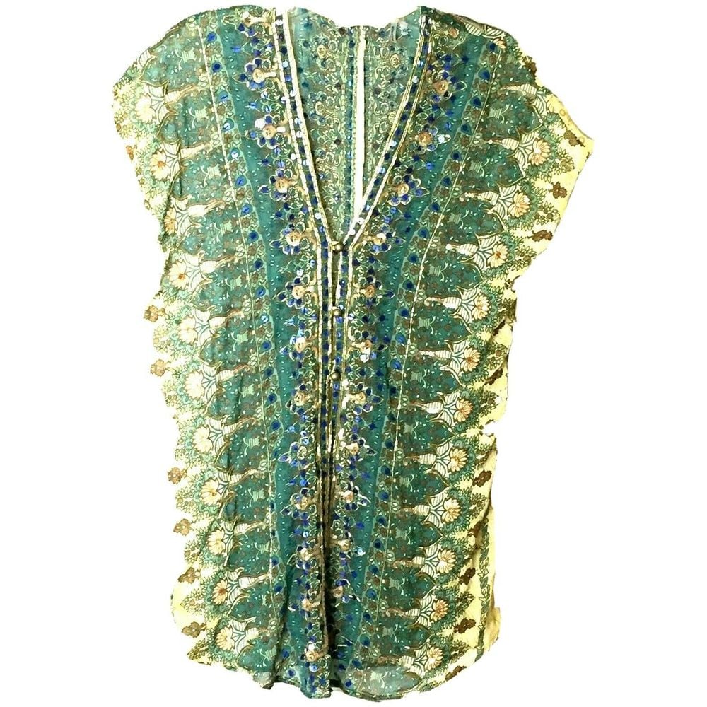Soft Surroundings Women's Beaded Shirt Multicolor V-Neck Button Up Paisley Sz XS