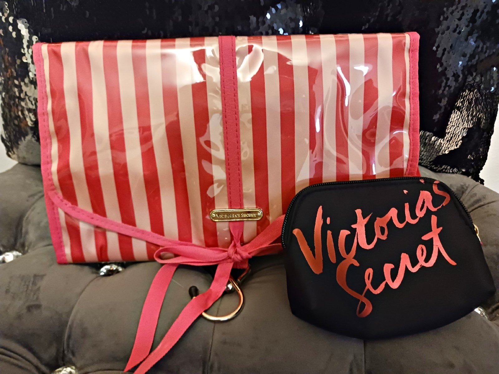 Victoria's Secret Pink Striped Super Model Hanging Bag & Makeup Bag Bundle