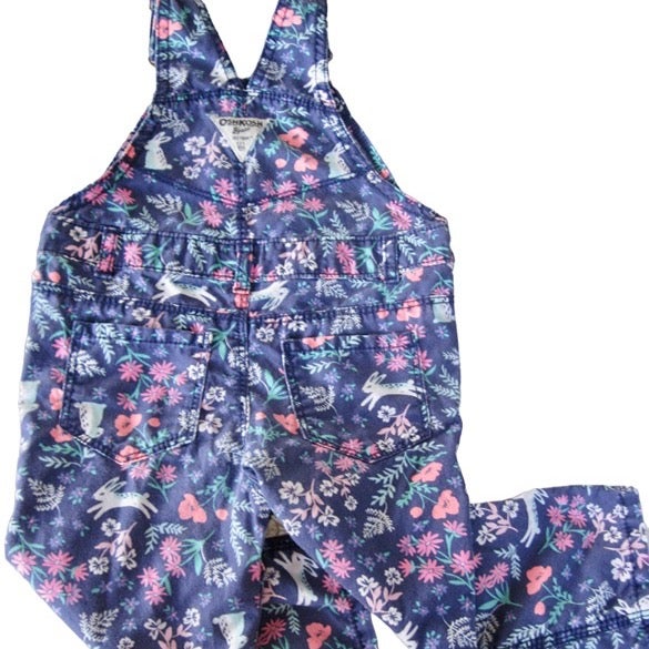 VTG Oshkosh B Gosh Girls 18M Blue Floral Vestbak Overall Flowers Bunny Rabbits