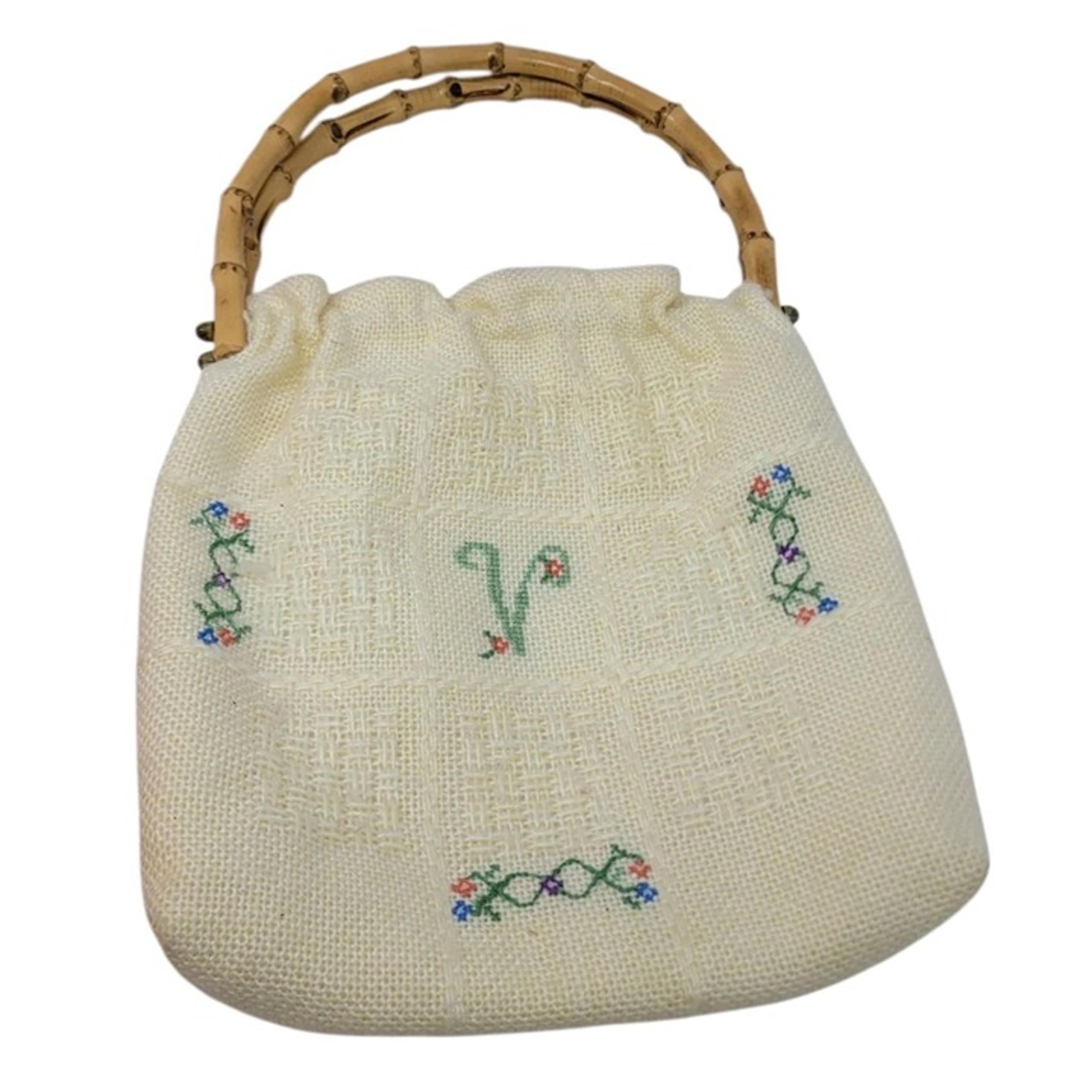 Vintage Purse Bamboo Handles Cross Stitch Monogram V Floral 3 Embroidered Ivory