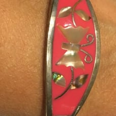 Sterling Vintage Shell Butterfly Inlaid Mexico Bangle Bracelet