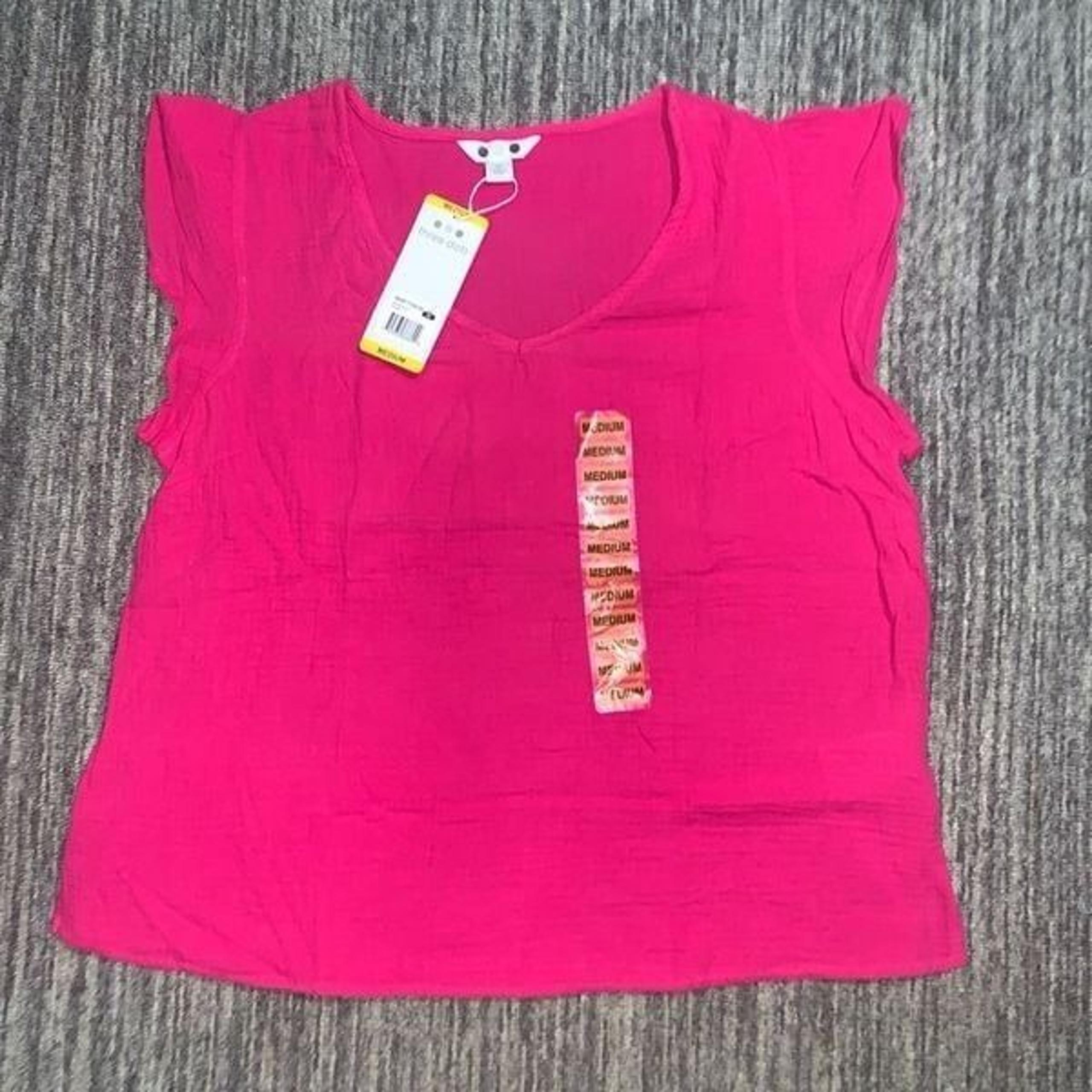 Three Dots Womens Medium Pullover Top Fushia Pink Short Sleeve Gauze Cotton NWT