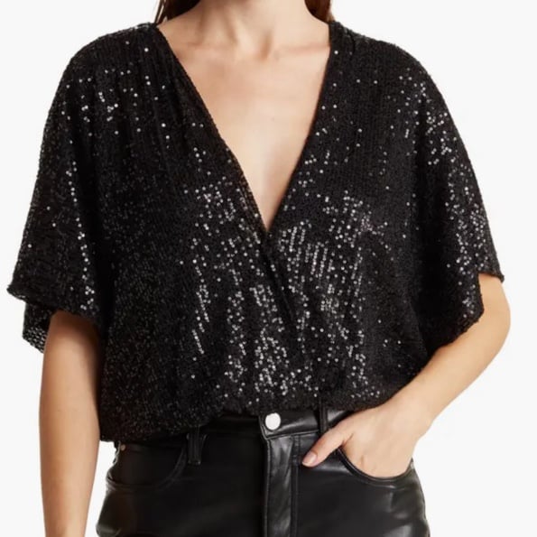 Wayf Small Bodysuit Sequin Bodysuit in black with tan briefs NWT