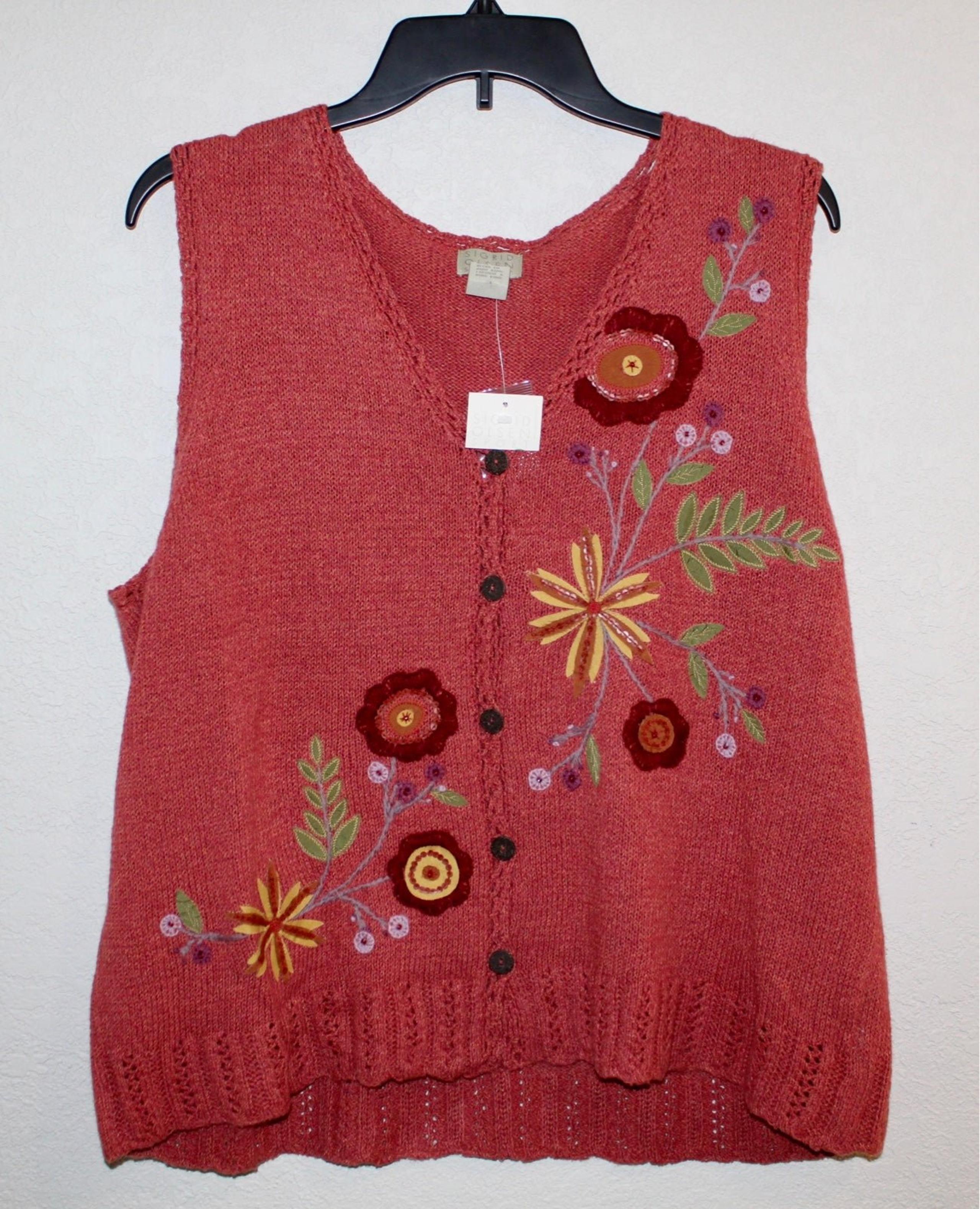 NWT Women’s Sigrid Olsen Sport Knit Embroidered Floral Button Down Vest Size 1X