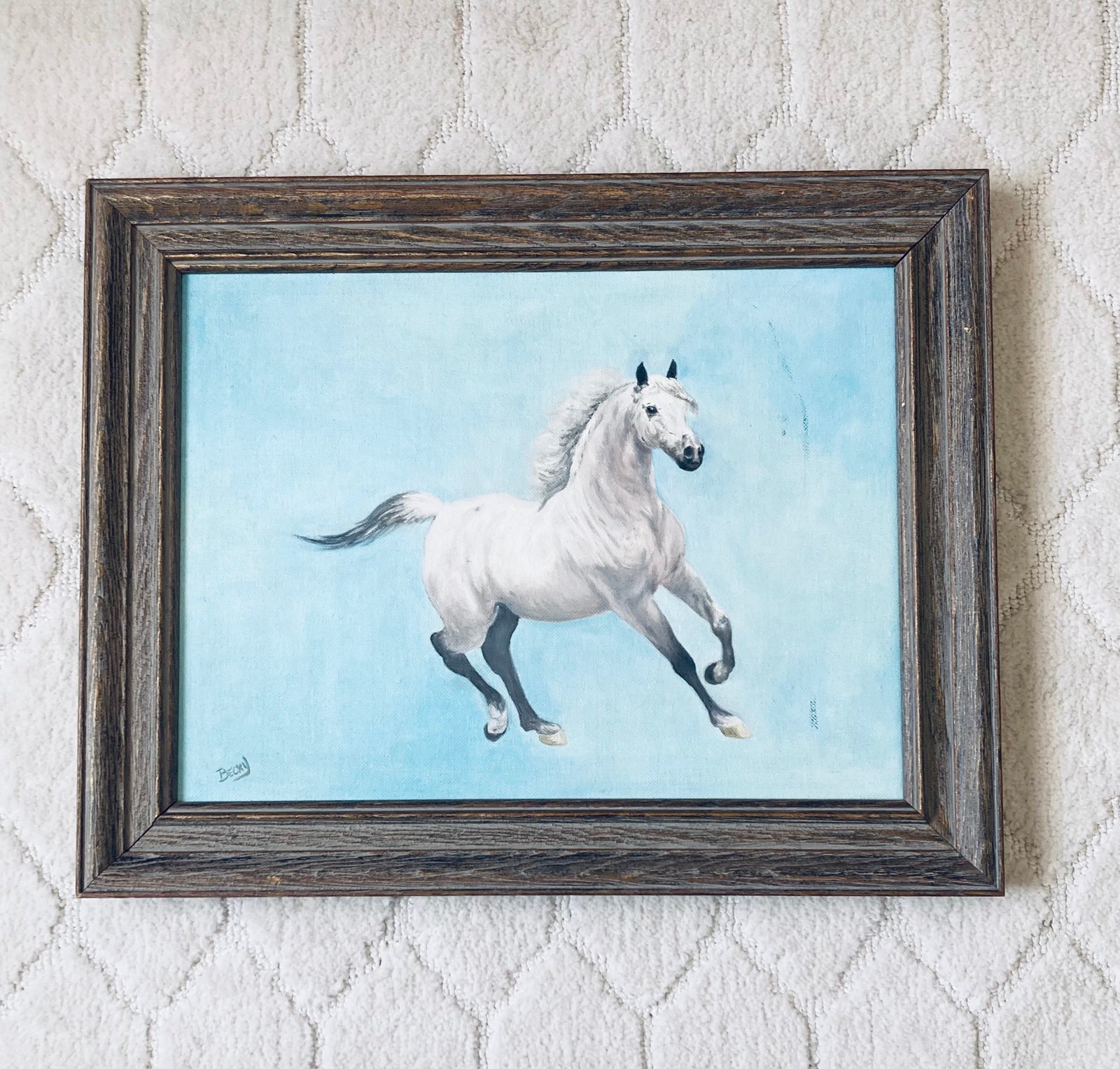Vintage Framed art oil painting signed “Becky” white horse running equestrian