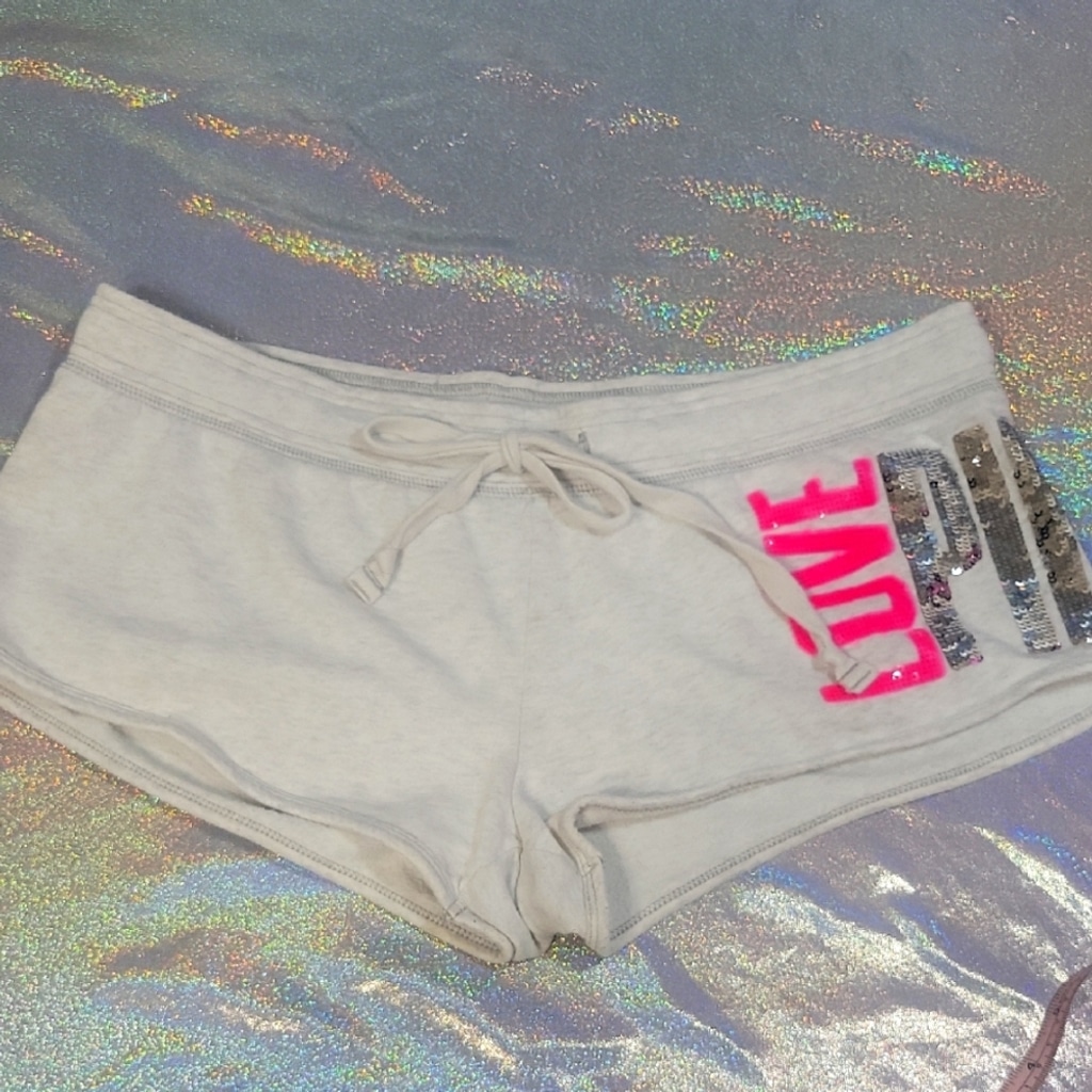 Y2K Vintage Rare VS Pink Grey Shorty Shorts Hot Pink Sequin Bling Drawstring SzM