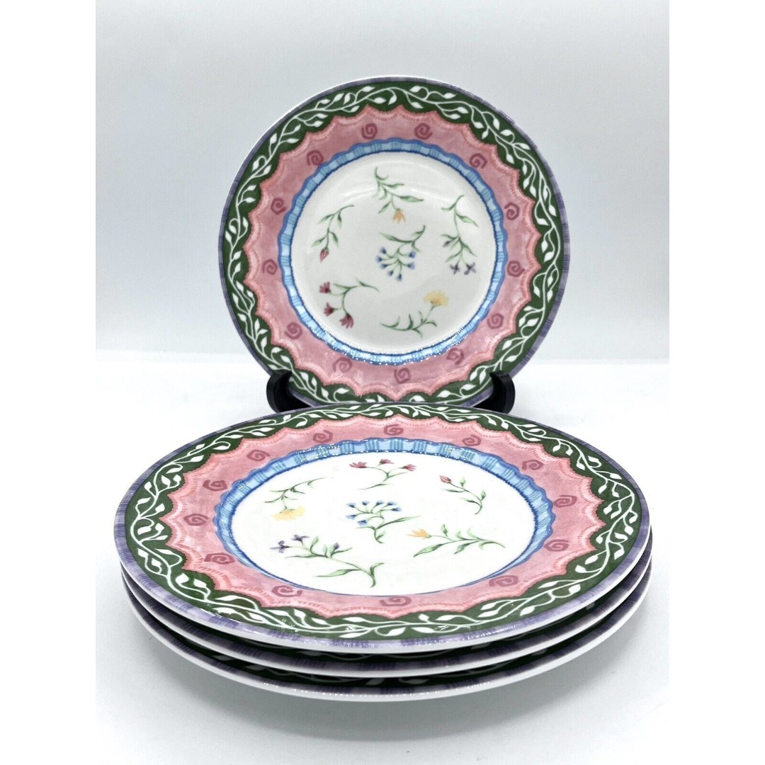 Set Of 4 Fitz and Floyd Gypsy Chicks Salad Plates 8 1/2 Diameter Field Flowers