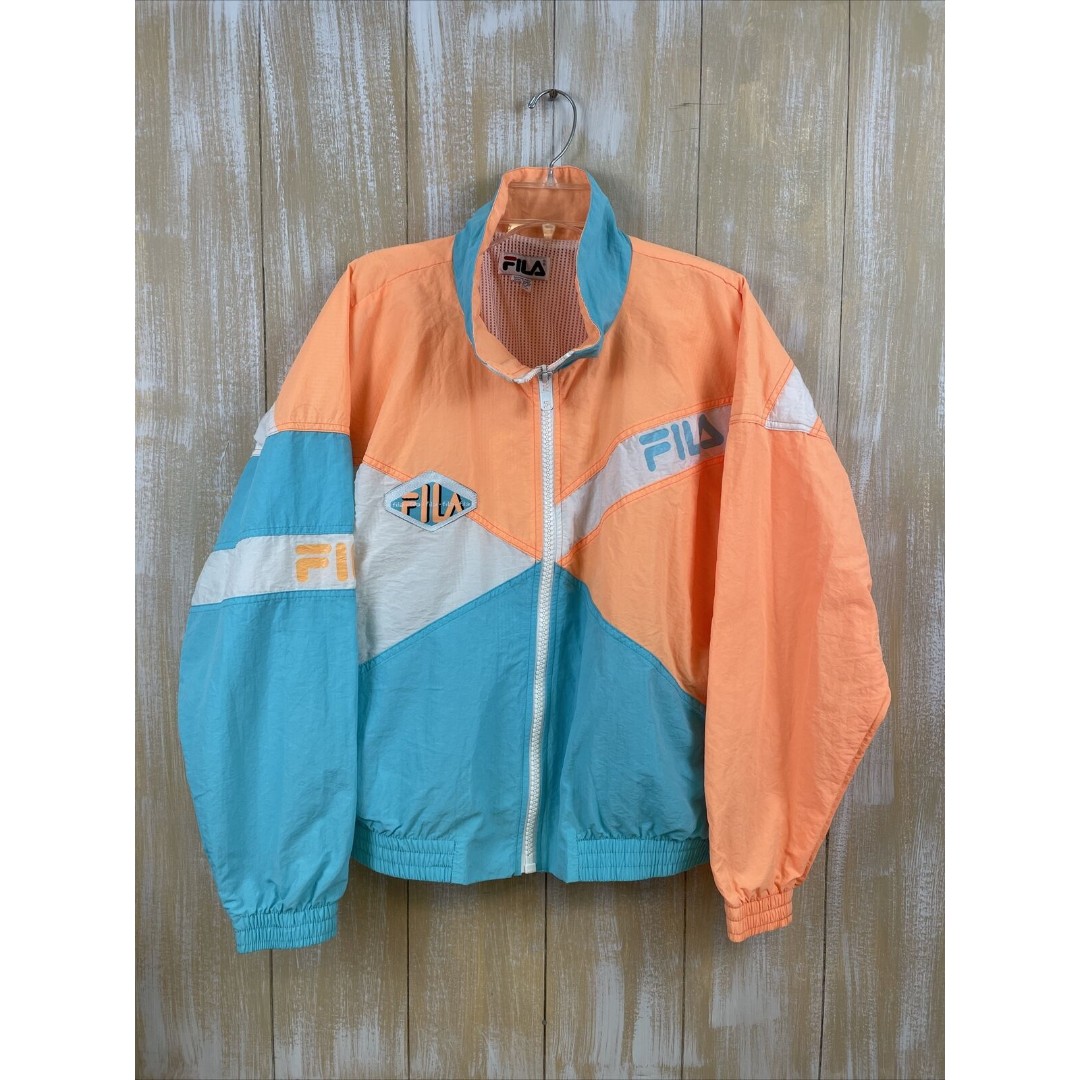 Vintage FILA Womens Windbreaker w/ Day-Glow Color-Block Design Aqua Orange Sz XL