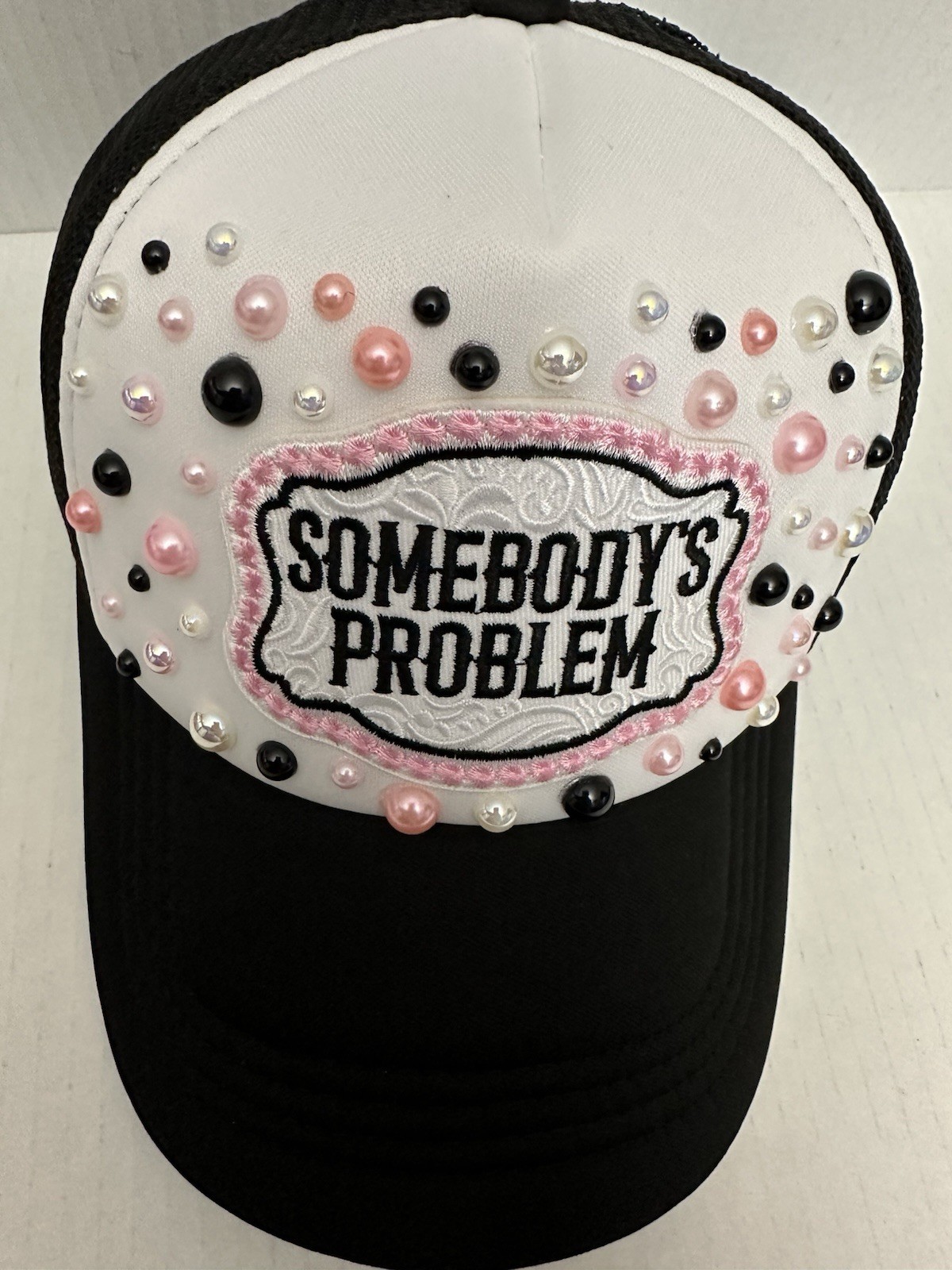 Custom Black & White PEARL Embellished Somebody's Problem Trucker Hat
