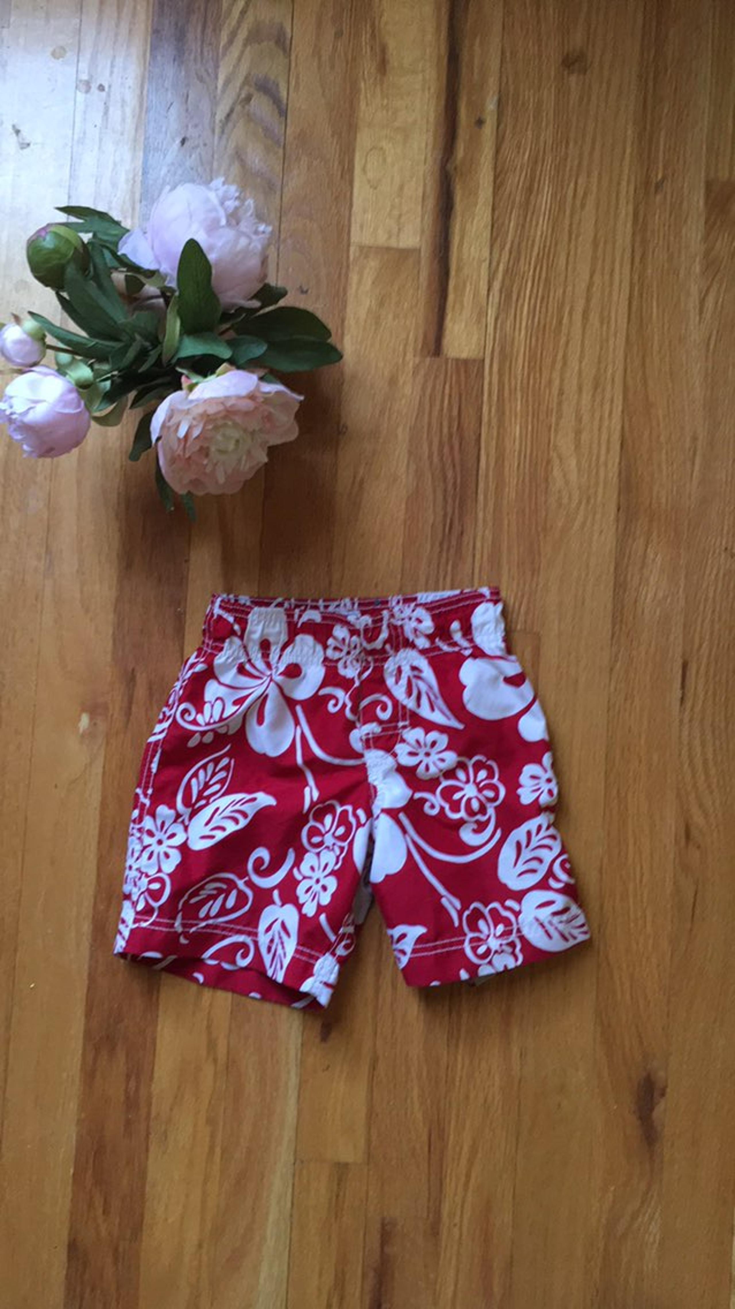 Red and White Hawaiin Swim Trunks