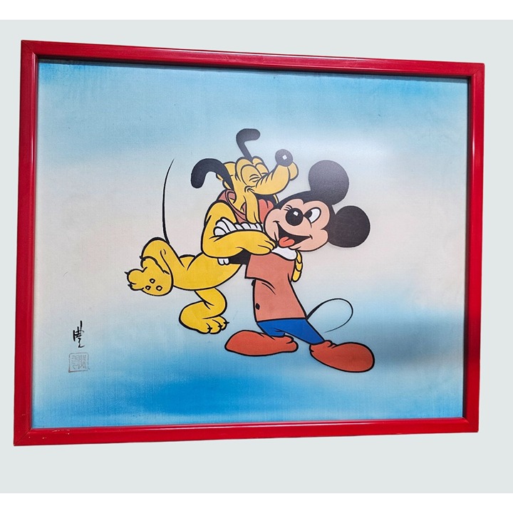 Vintage Mickey & Pluto Depiction Hand Painted on Silk Framed Art Signed Framed
