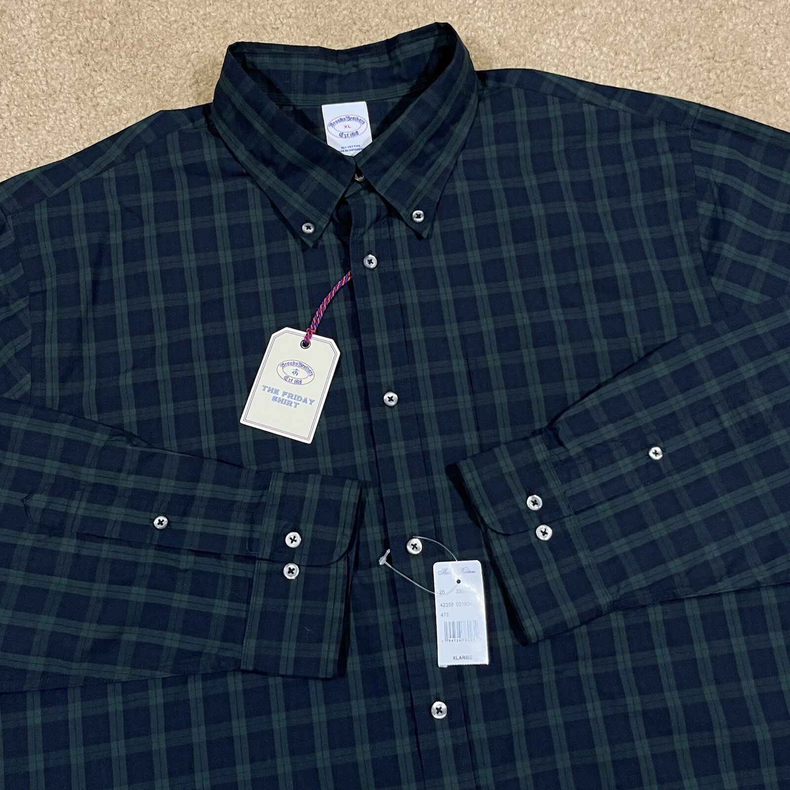 NWT Brooks Brother The Friday Shirt Long Sleeve Blue Green Plaid Size XL