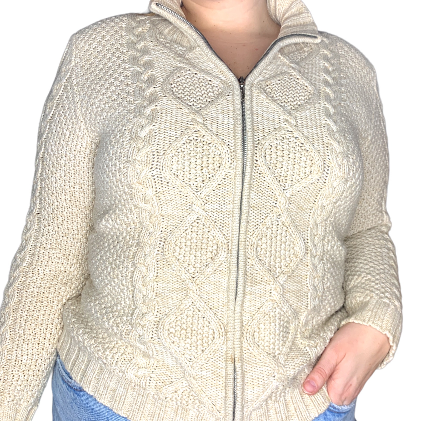 Leo & Nicole Cable Knit Full Zip Sweater Beige Jumper Cottage Coastal Medium