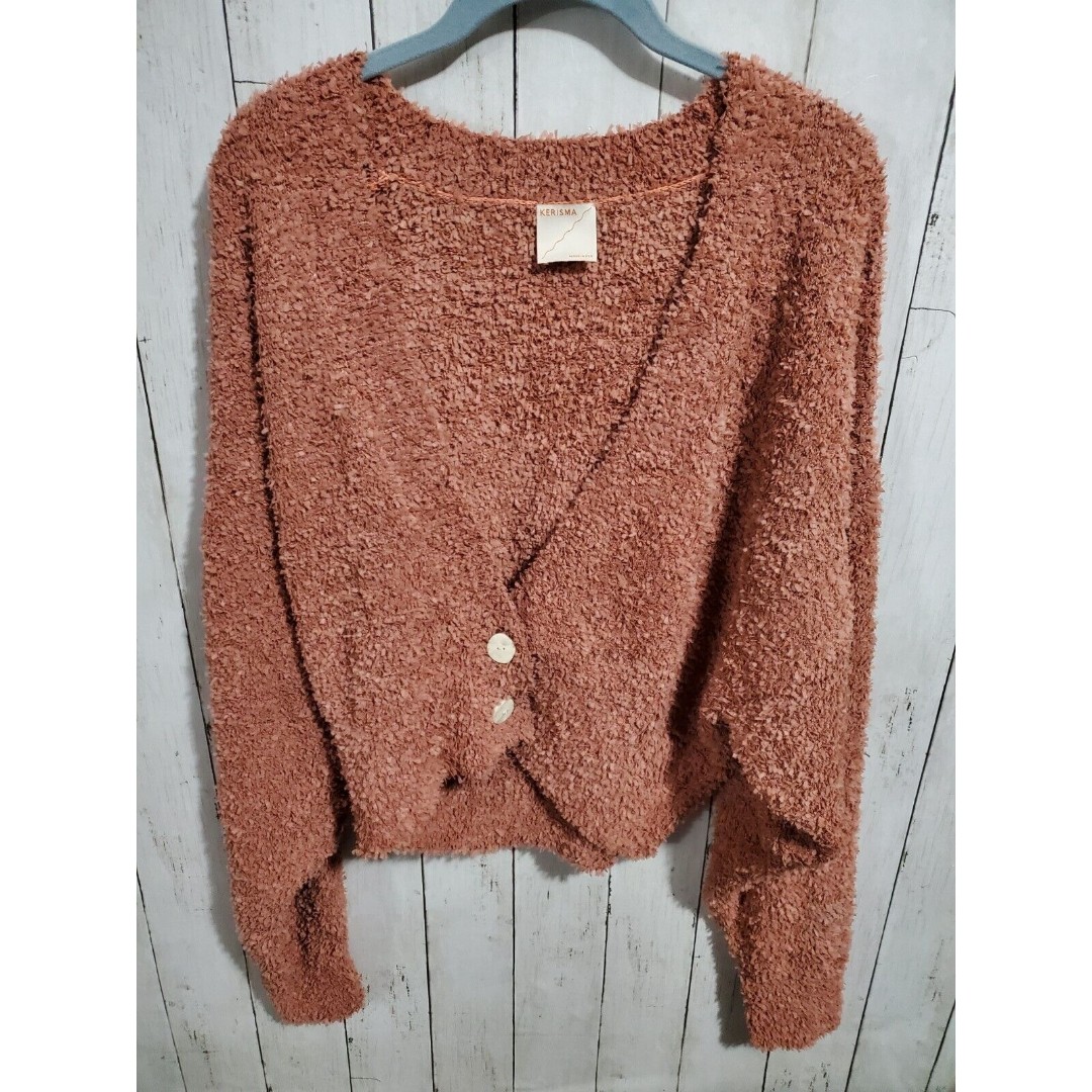 Kerisma Cinnamon Brown Fuzzy Piñata Cardigan Women’s Size S/M Button Fuzzy
