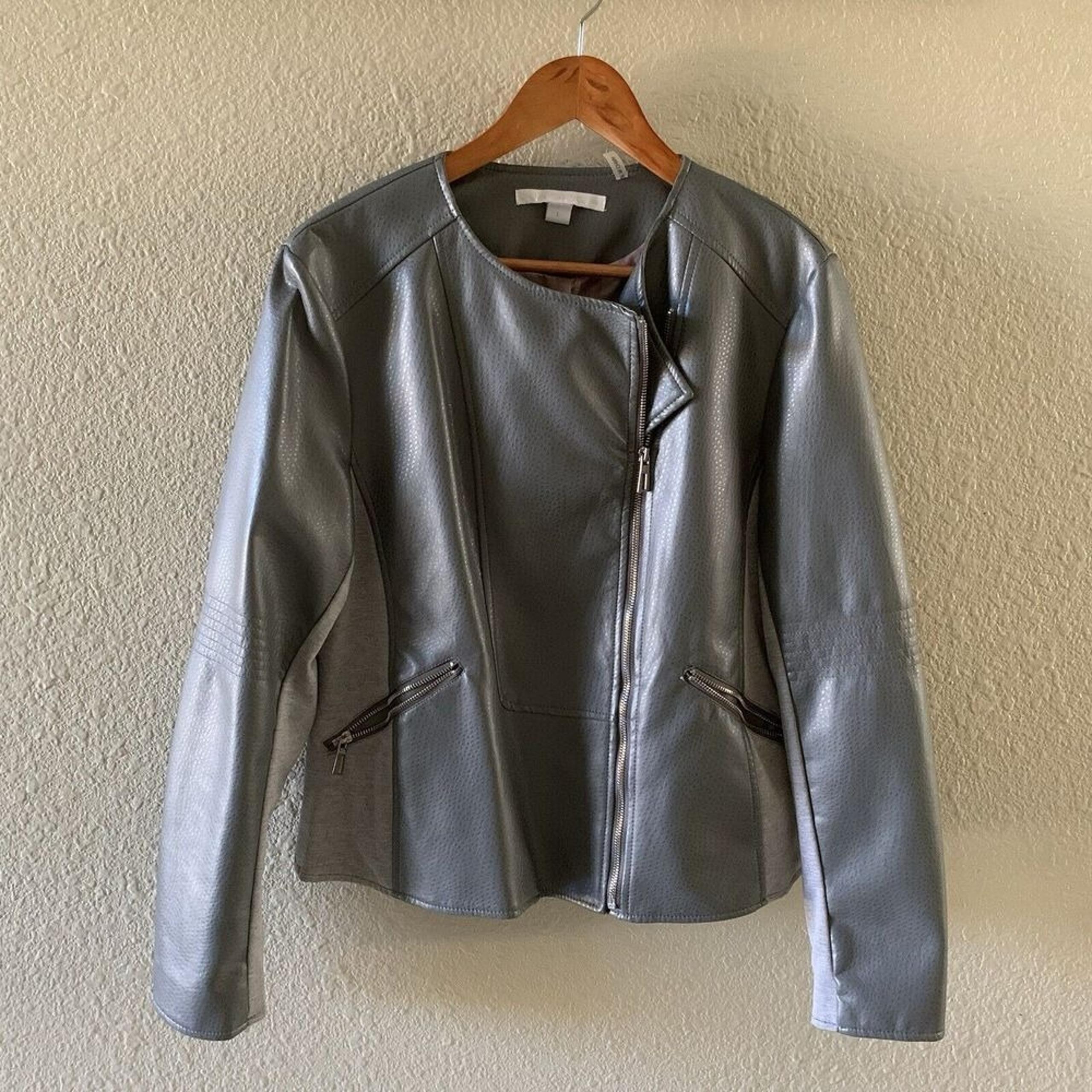 Via Spiga Women's Large Gray Faux Leather Moto Jacket Asymmetrical Zip Floral
