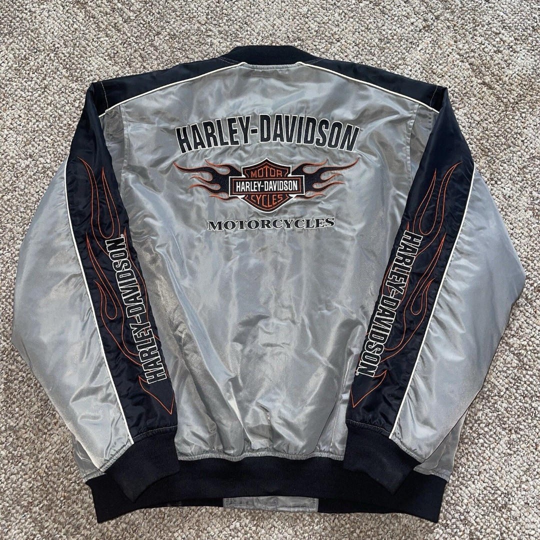 Harley Davidson Jacket Mens XXL Gray Nylon Flames Fire Bomber Motorcycle Riding