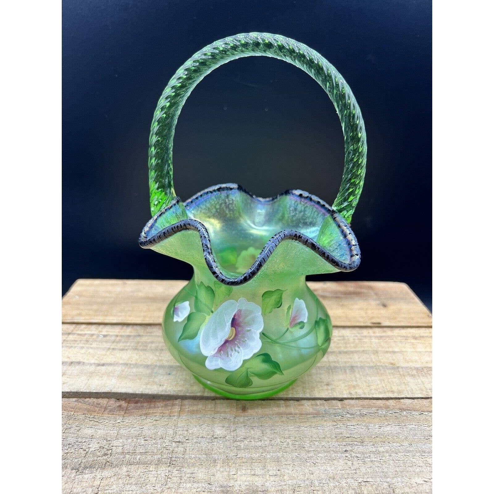 Fenton Hand Painted Green Apple Stretch With Aubergine Edge Basket Hard To Find!