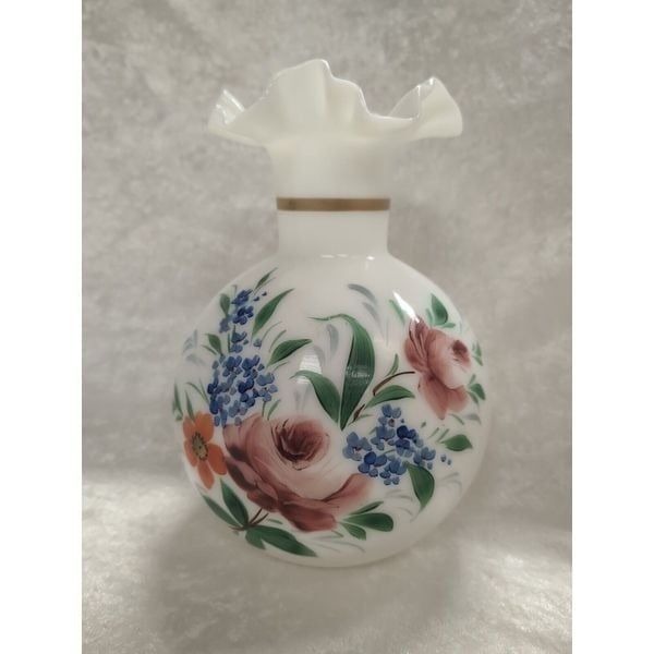 Consolidated Milk Glass Hand Painted Rose Flower Ruffled Edge Vase 9” Tall
