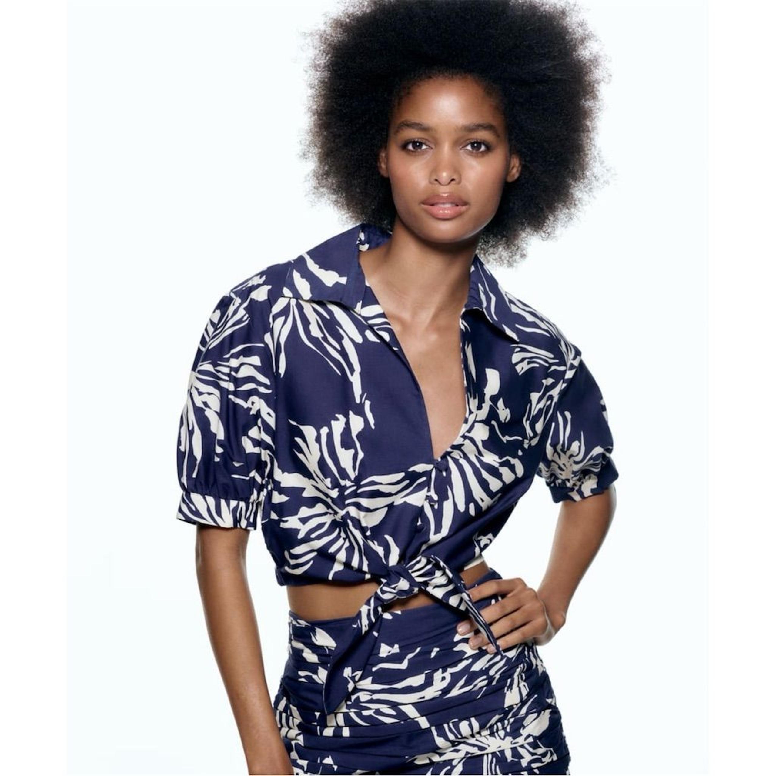 ZARA Women's Floral Blouse L Blue/White Knot Detail Short Sleeve