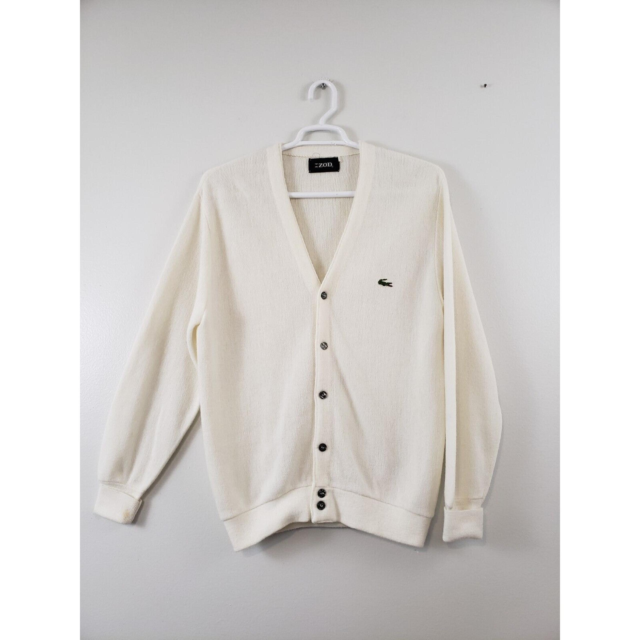 (M5) Vintage 80s Izod Lacoste Cardigan Sweater Mens XL Ivory Alligator Grandpa