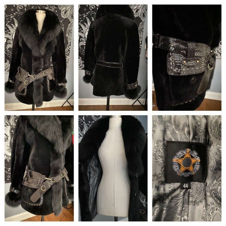 Absolutely stunning black coat/fur collar trim/faux fur bodice fits XS/S