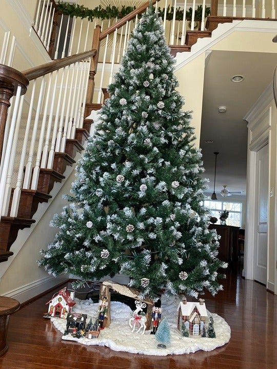 9-FT Holiday Christmas Tree with Pine Cones, Flocked Branch Tips