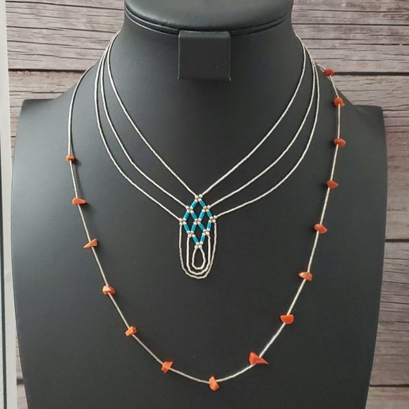 Sterling Silver 925 Turquoise Drape Necklace and Coral Chip Necklace
