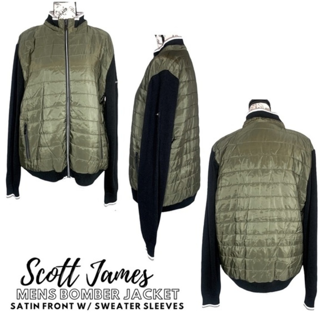 nwt Scott James Men’s Zip Up Bomber Jacket Sweater Combo Olive Green Black White