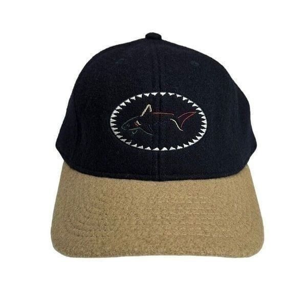 Vintage 90s Greg Norman Shark Golf Adjustable Baseball Cap Hat Navy Blue Tan