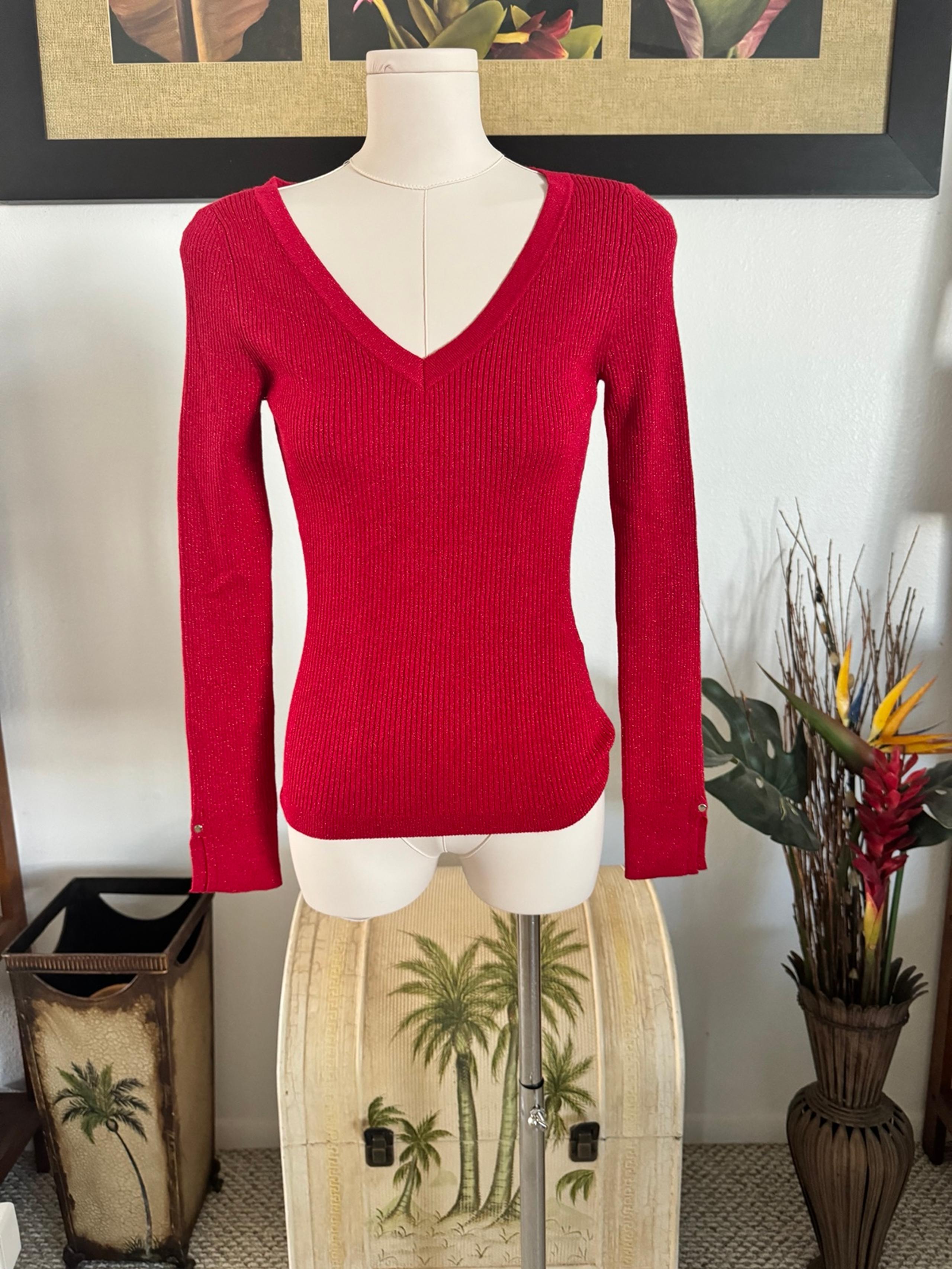 WHBM Women's Red Long Sleeve Rib Blouse French Rose with Lurex NWT Size XXS