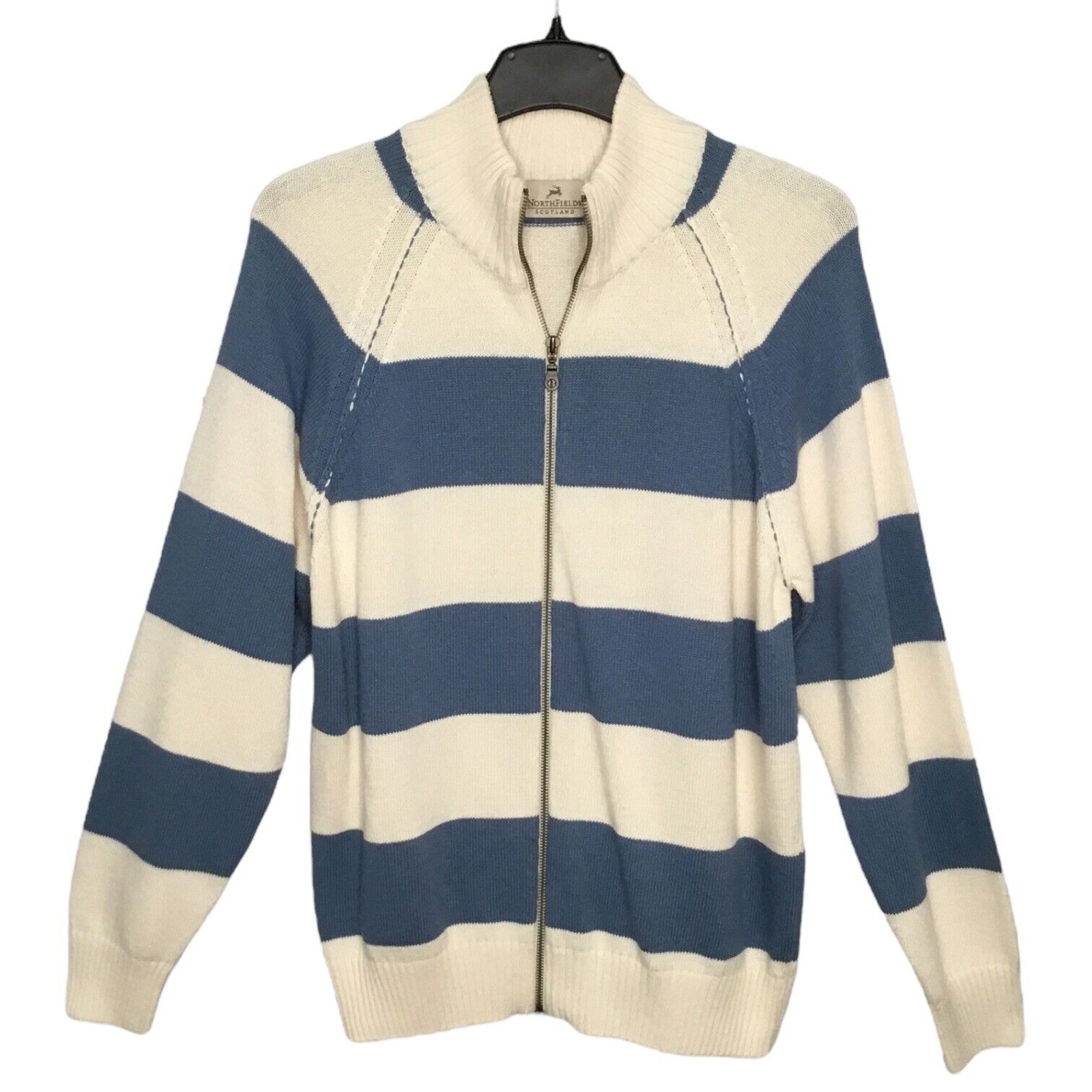 North Fields Scotland Sweater Mens L Zip Up Striped Nautical Preppy Blue Ivory