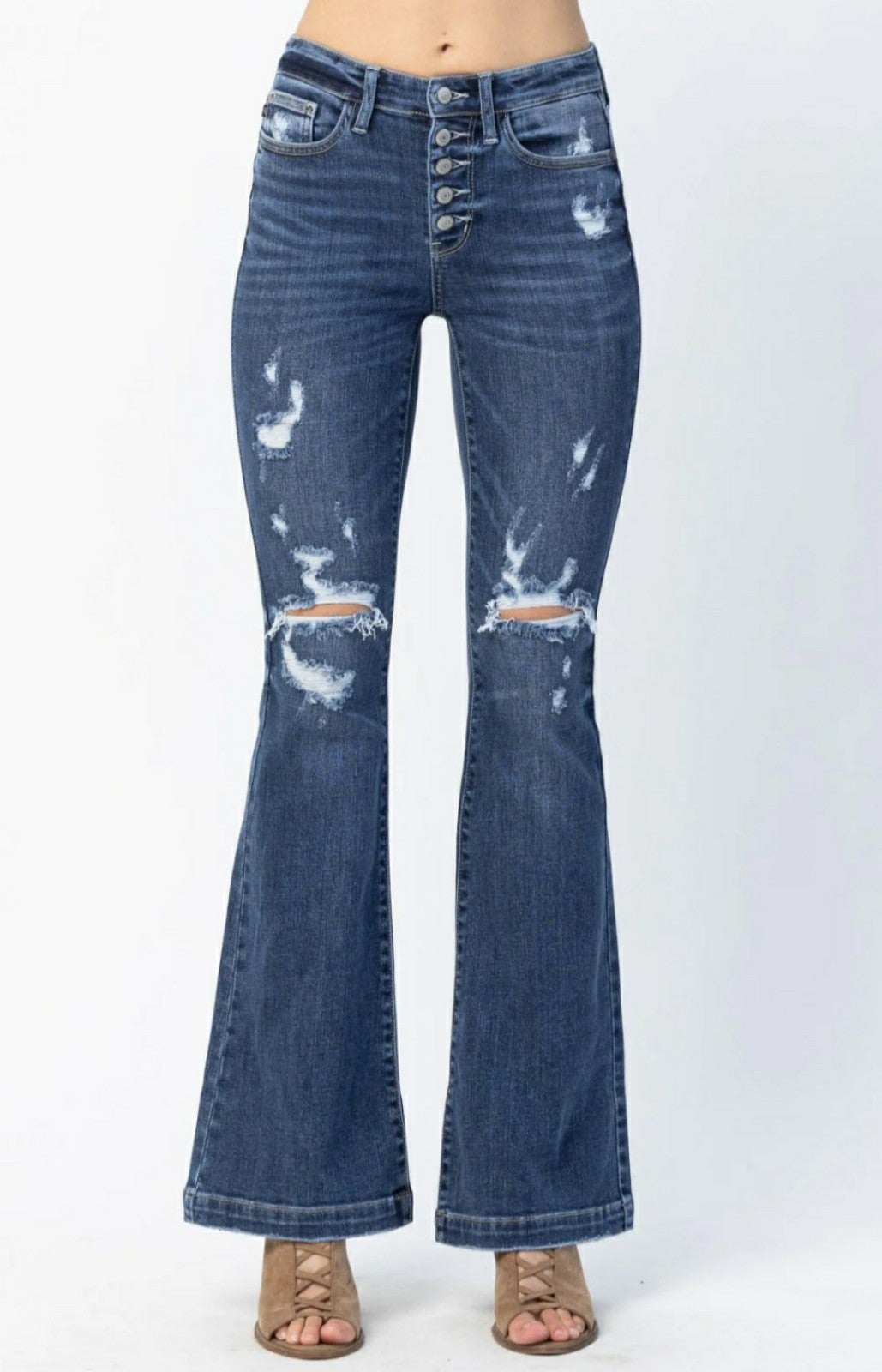 Judy Blue Brand New Mid Rise Button Flare Distressed Designer Denim Jeans 7/28