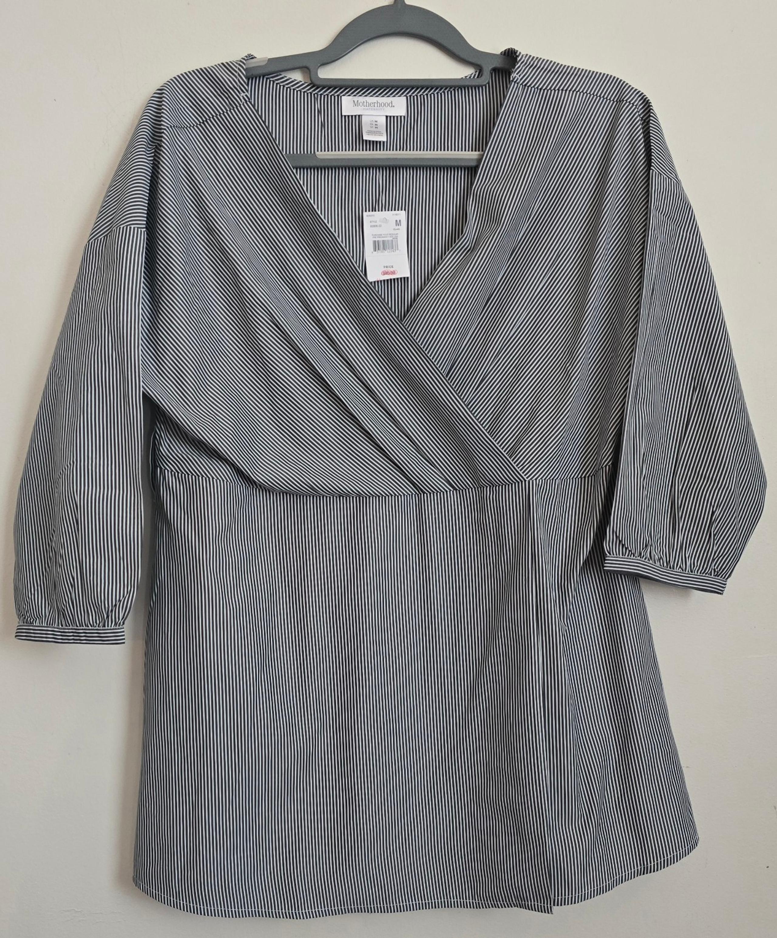 Women's Motherhood Maternity Black / White Striped Faux Wrap Blouse NWT Medium