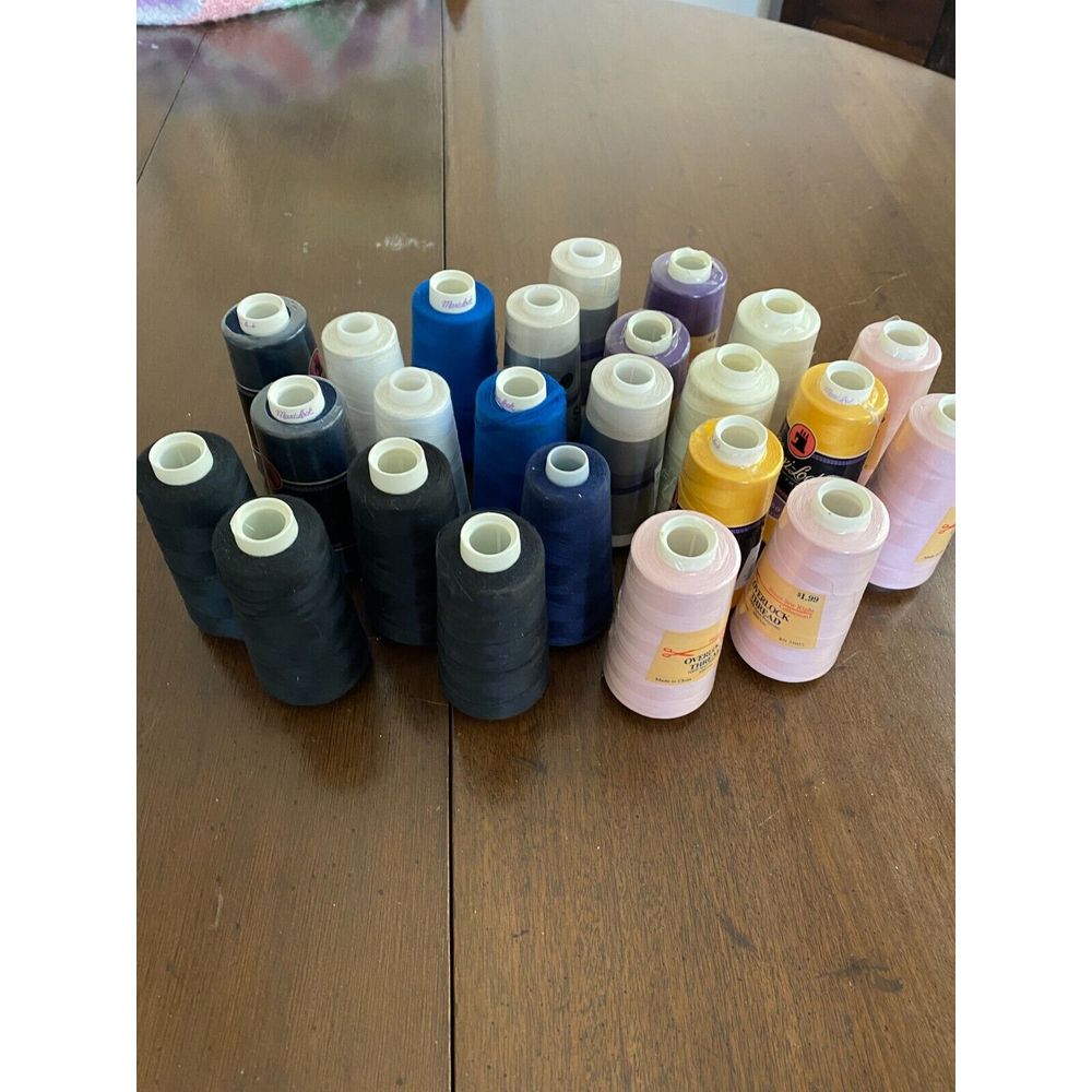 Multicolor Overlock Sewing Spools of Thread Cones Large Lot of 24 New & Used